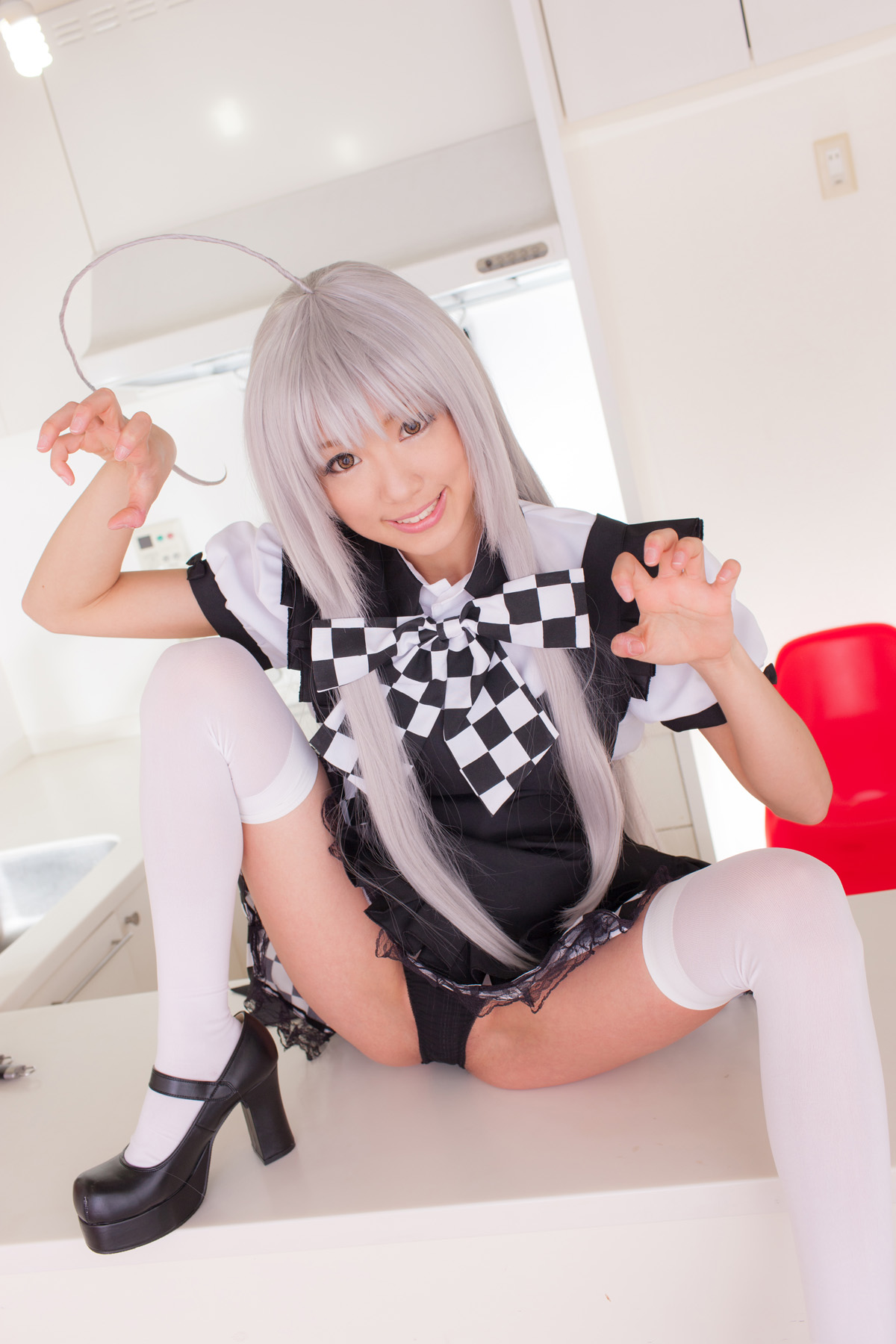 apron asian breasts cosplay female grey_hair high_heels long_hair panties shoes skirt solo thighhighs