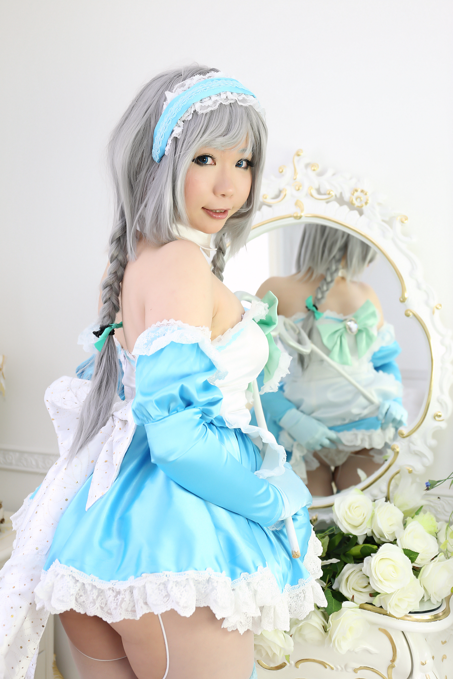 asian breasts cosplay dress female gloves gray_hair high_heels long_hair shoes solo thighhighs