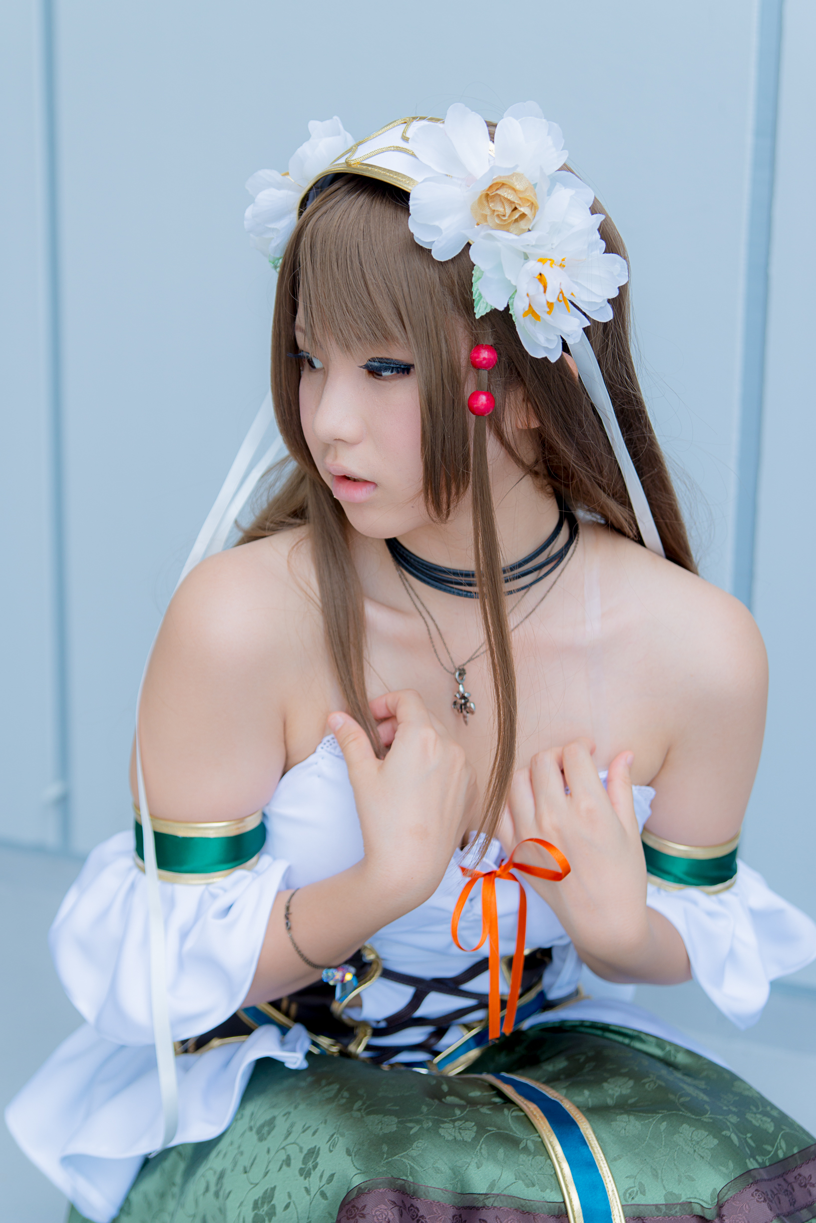 asian bare_shoulders breasts brown_hair corset dress enako female hairband high_heels long_hair necklace shoes solo