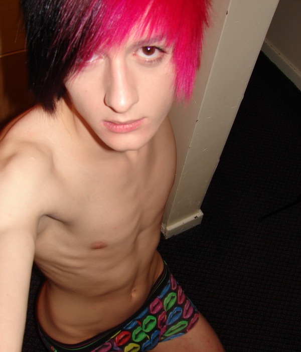 abs boxers brown_eyes emo gay leather_jacket male multicolored_hair pale_skin penis photo self_shot