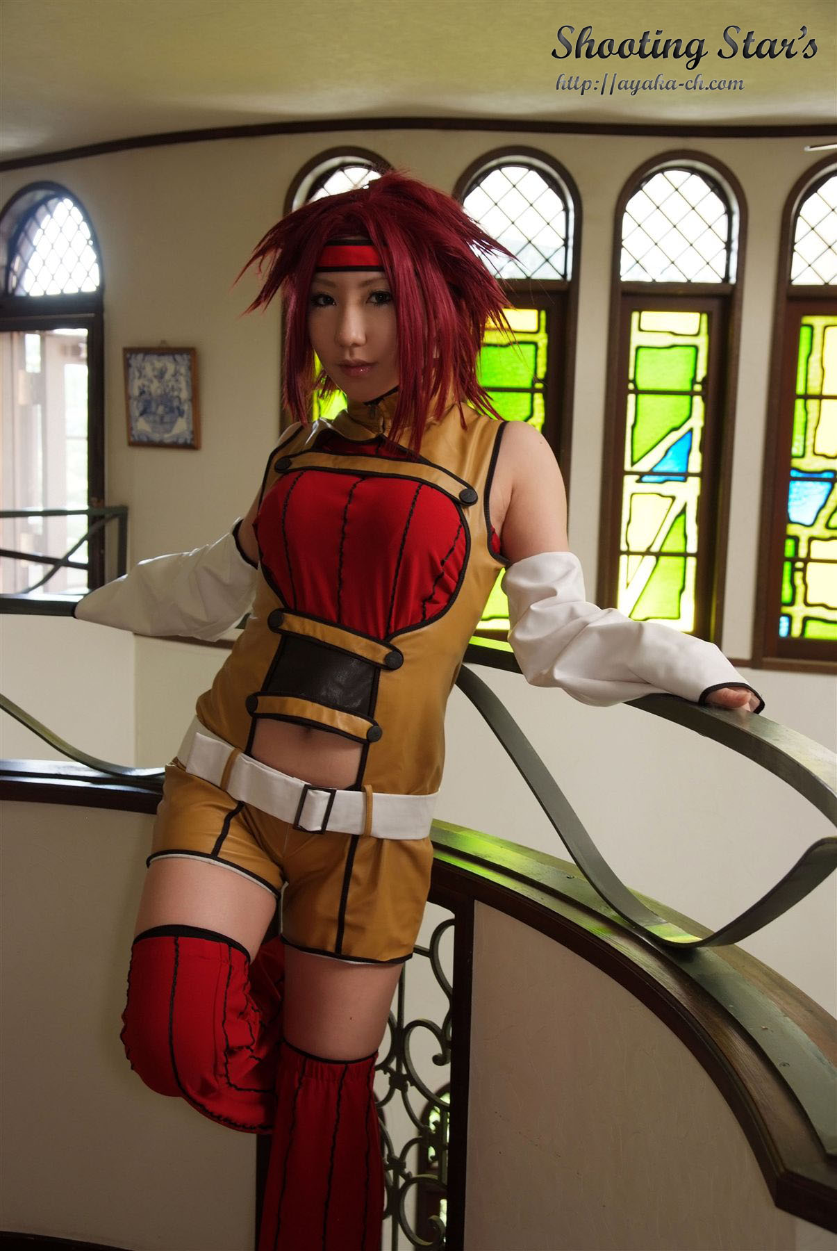 asian belt breasts cosplay female headband high_heels large_breasts long_hair red_hair shoes shooting_star solo watermark