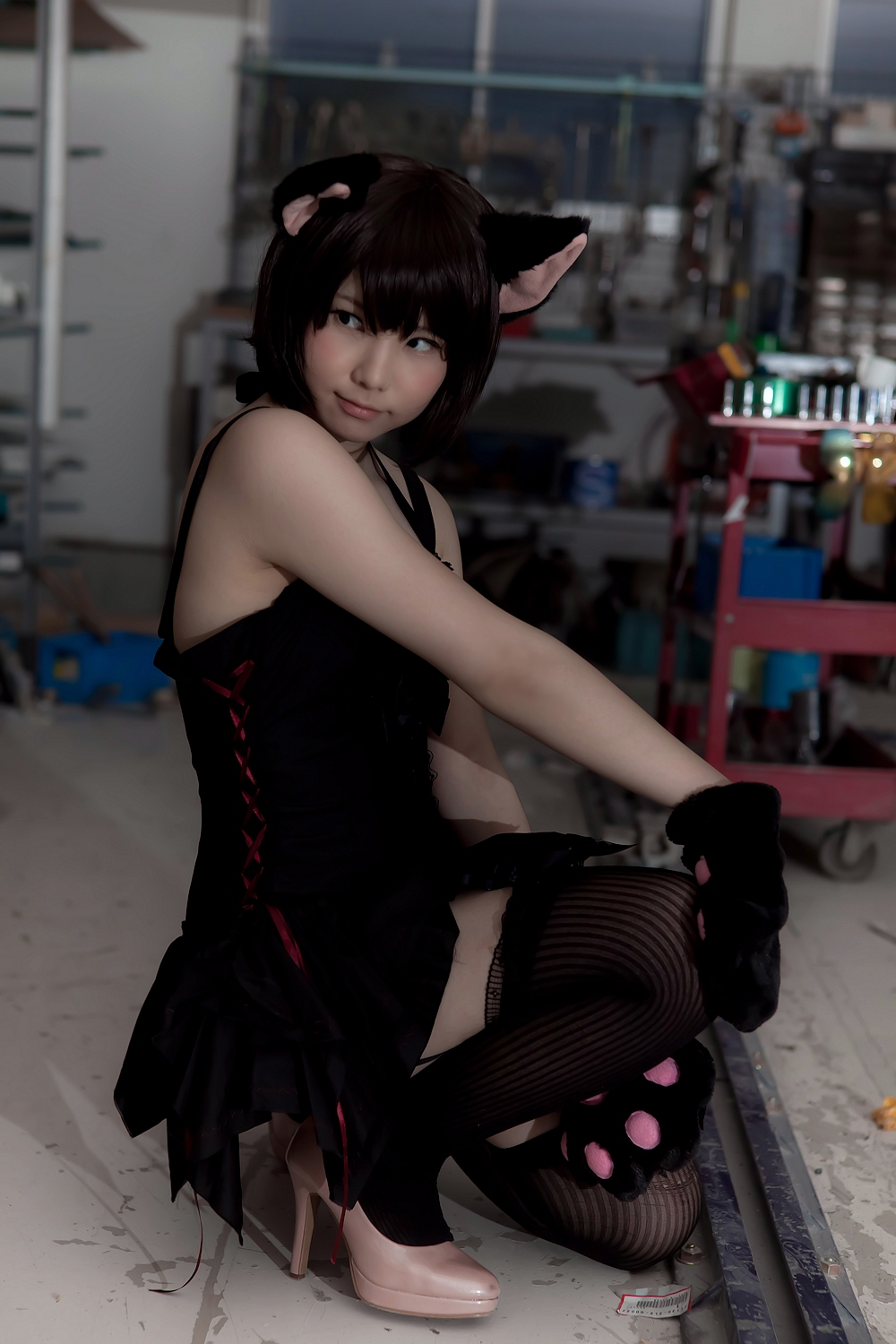 animal_ears asian black_hair breasts cosplay enako female long_hair solo