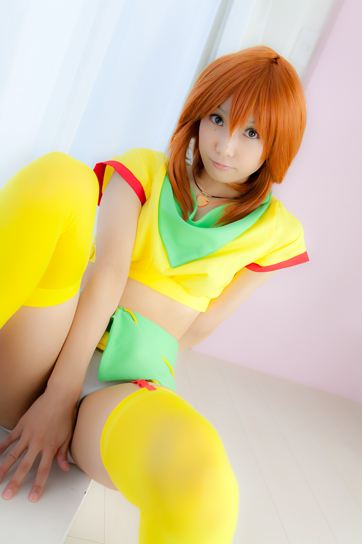 asian breasts cosplay female garter_belt long_hair midriff necklace orange_hair panties skirt solo thighhighs