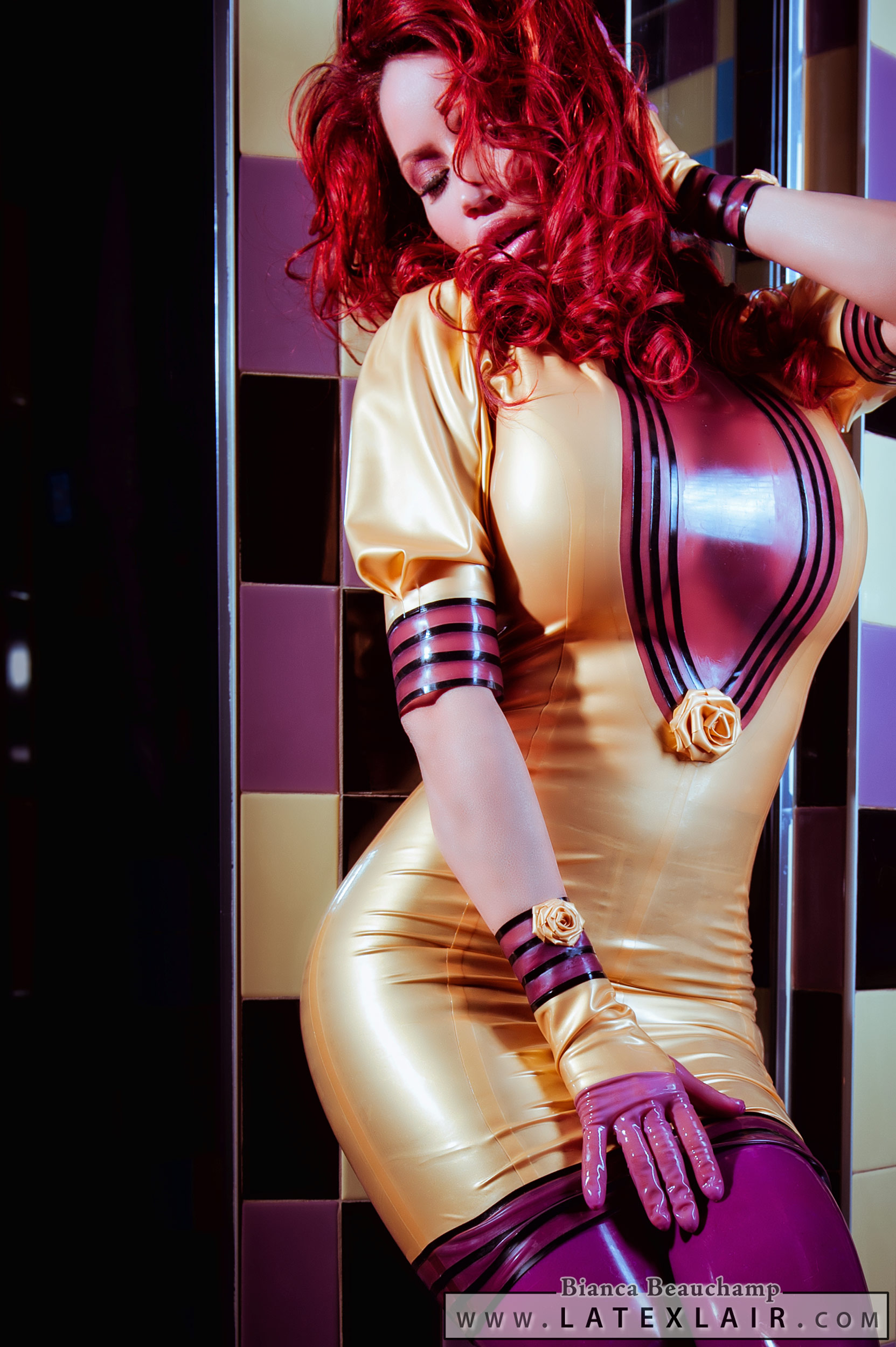 bianca_beauchamp breasts dress female gloves high_heels large_breasts latex lipstick makeup shoes solo watermark