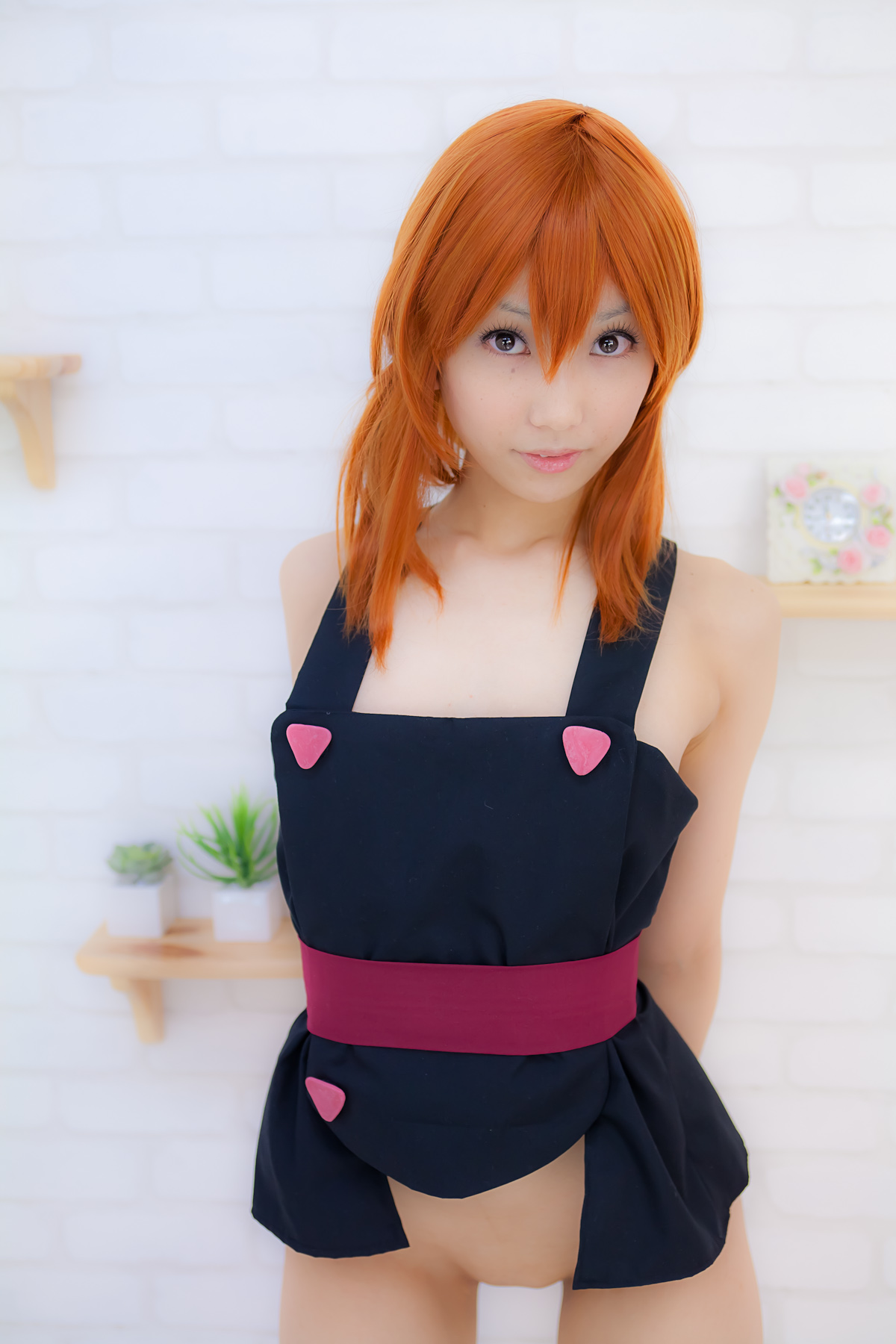 apron asian belt breasts cosplay female long_hair orange_hair sandals shoes solo