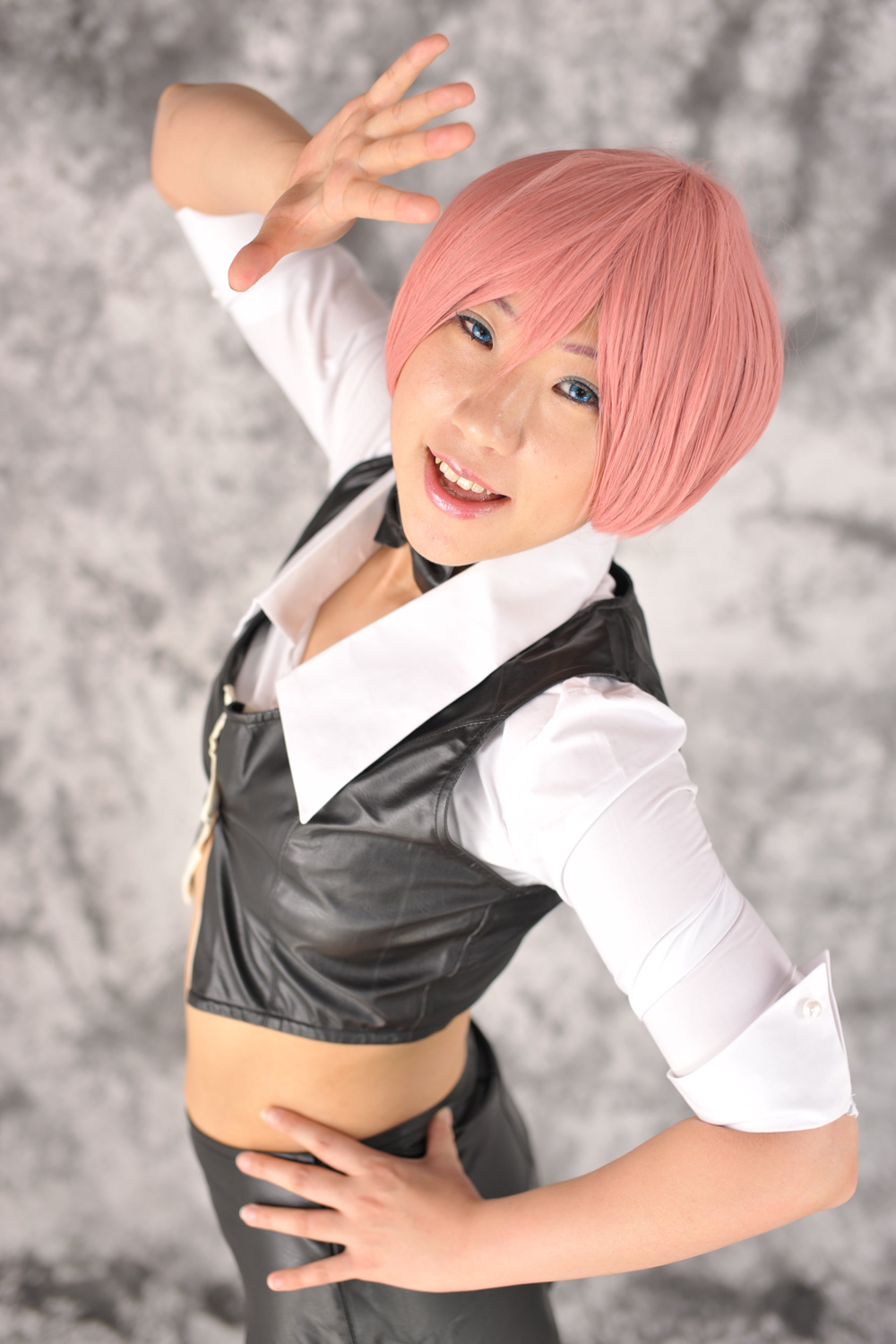 asian breasts female high_heels midriff navel pink_hair shoes short_hair skirt solo