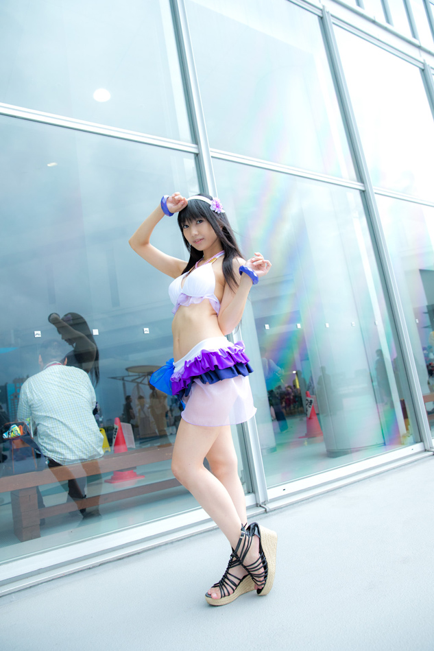 1girl asian bikini black_hair breasts cosplay female high_heels japanese lenfried long_hair love_live! love_live!_school_idol_project midriff outside pigtails shoes solo sonoda_umi standing swimsuit watermark