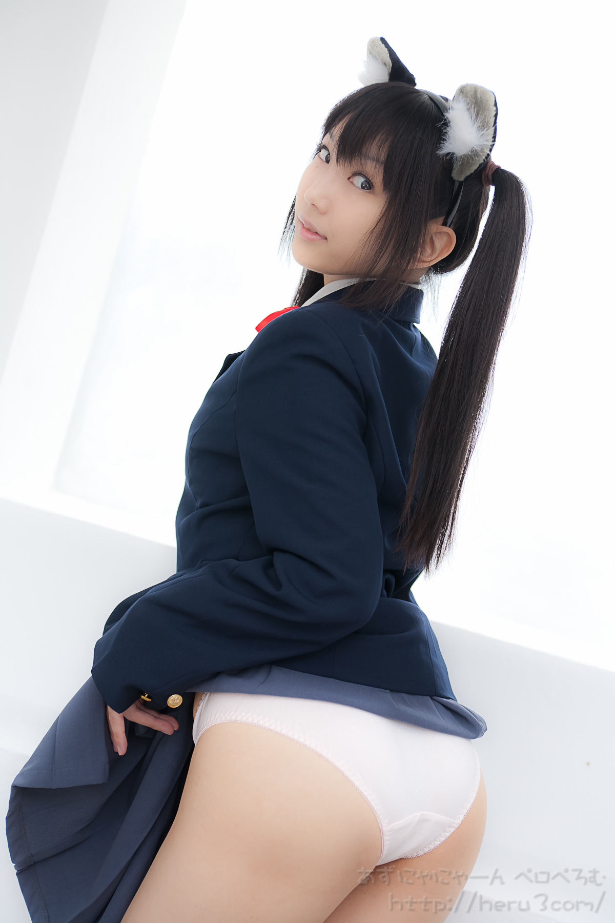 asian ass black_hair breasts female lenfried long_hair looking_back pigtails solo watermark