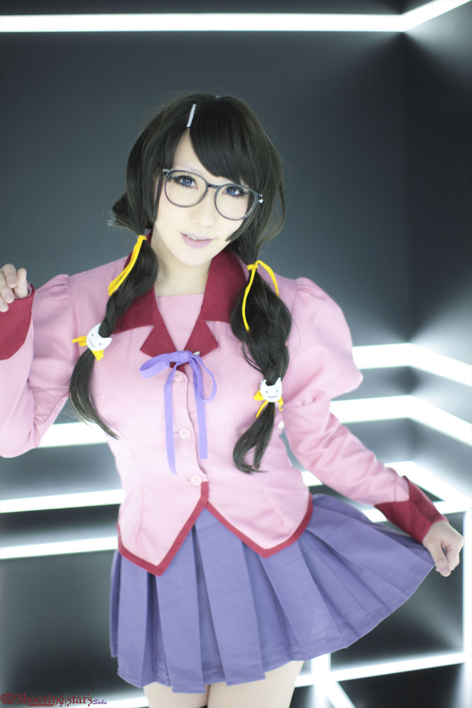 asian black_hair breasts cosplay female glasses high_heels kneehighs long_hair shoes shooting_star skirt solo watermark