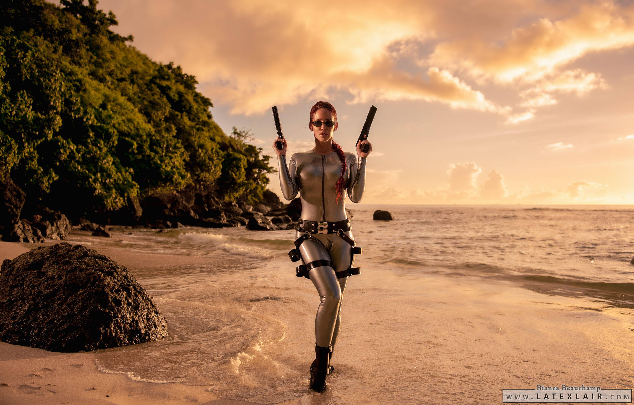 beach belt bianca_beauchamp breasts catsuit female gun high_heels large_breasts latex long_hair outside red_hair shoes solo sunglasses water watermark weapon