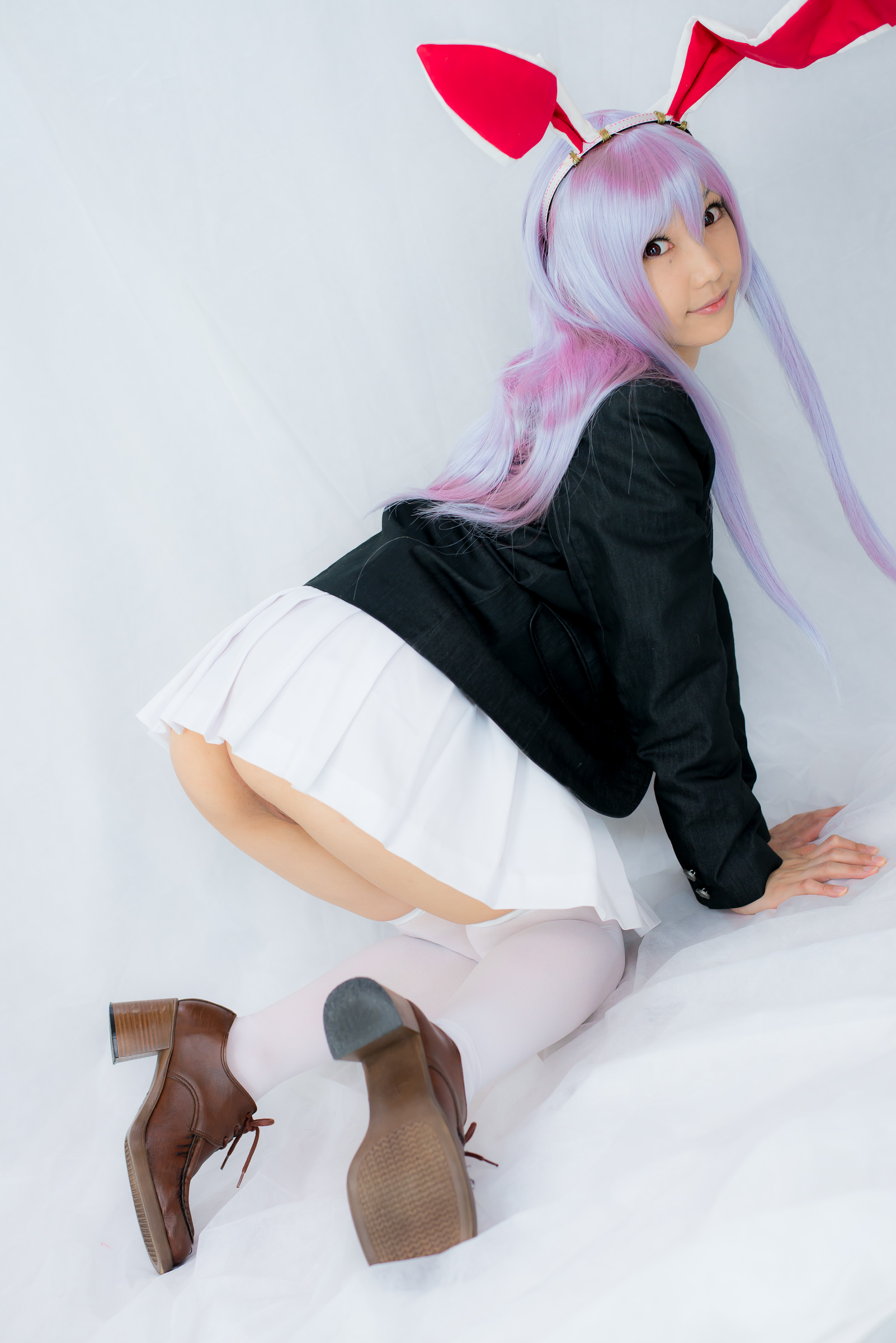 animal_ears asian ass breasts female high_heels lenfried long_hair looking_back necktie purple_hair shoes simple_background skirt socks solo watermark