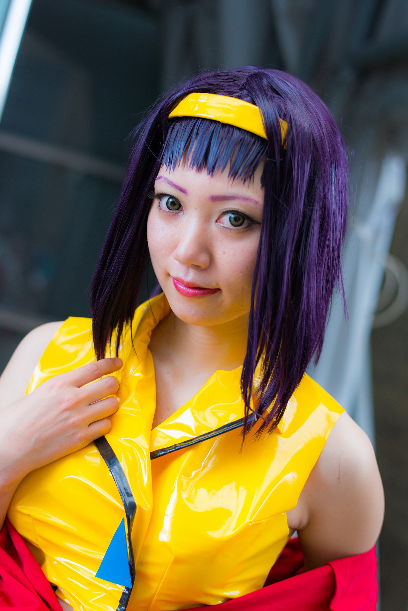 asian breasts cosplay female headband latex long_hair purple_hair solo