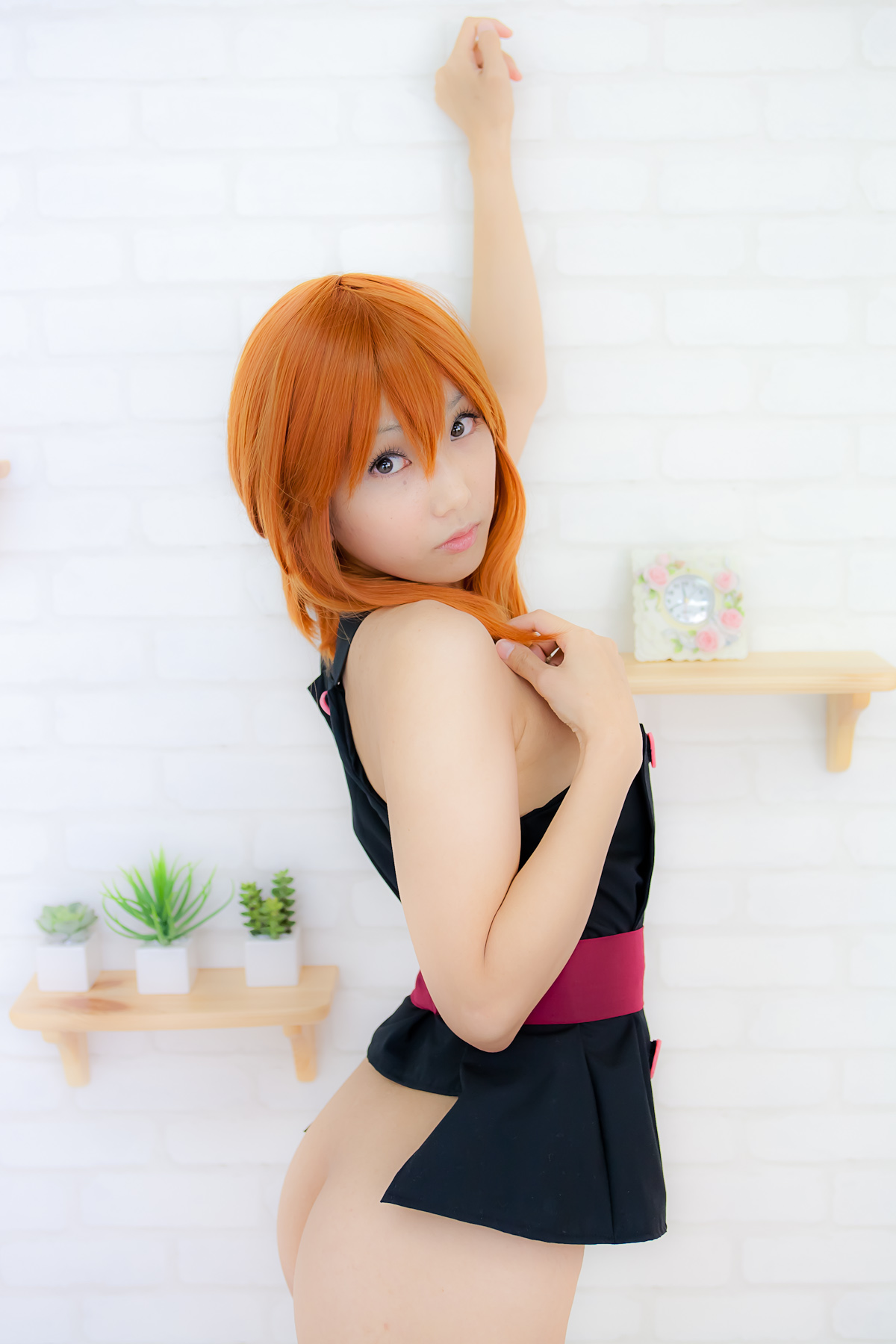 apron asian belt breasts cosplay female long_hair orange_hair sandals shoes solo