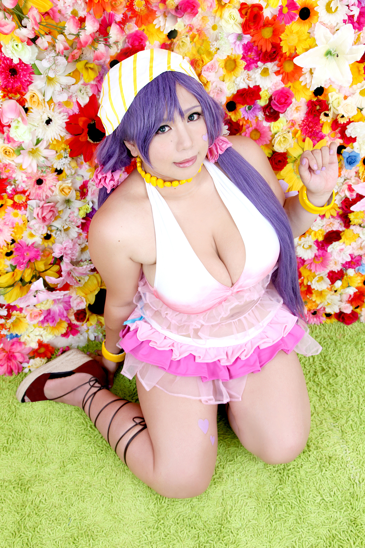 asian breasts chouzuki_maryou cleavage female hat huge_breasts long_hair pigtails plump purple_hair shoes solo watermark