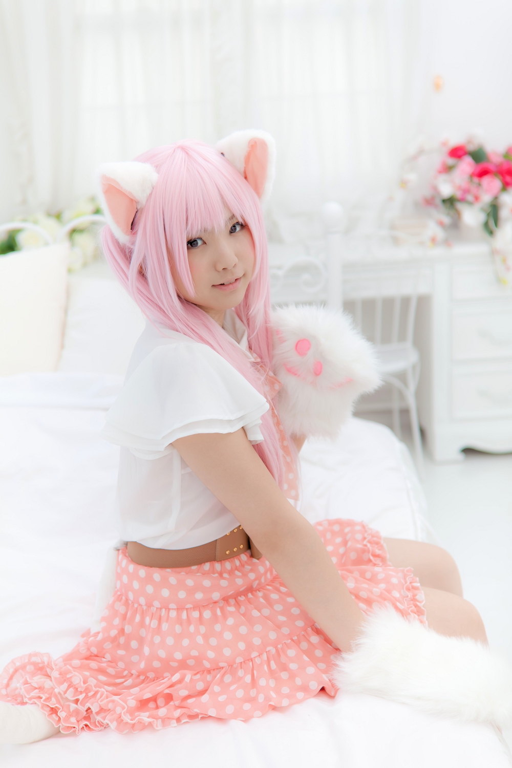 animal_ears asian breasts cosplay enako female long_hair pink_hair solo