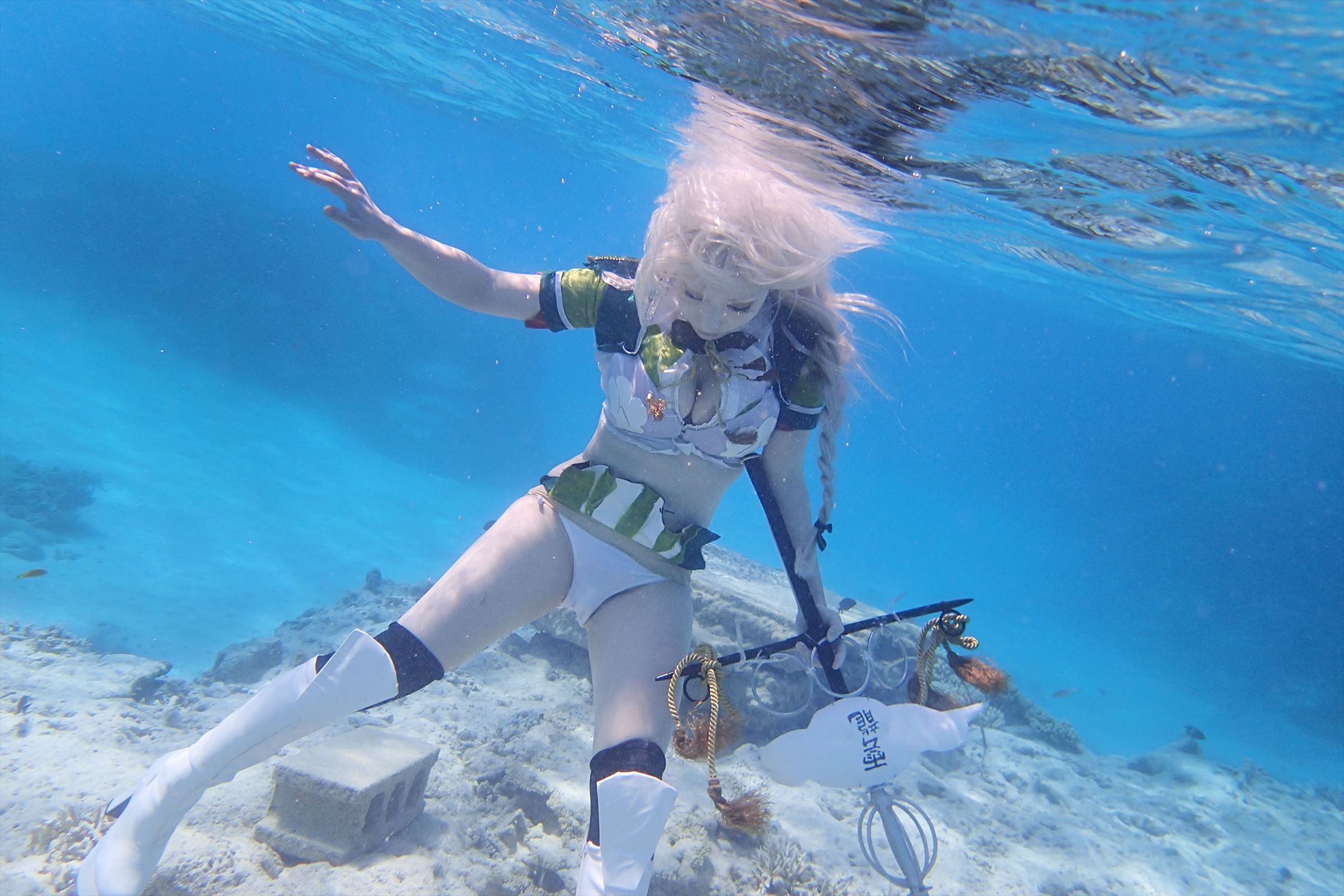 1girl asian breasts cosplay female grey_hair high_heels kantai_collection long_hair shoes shooting_star solo underwater unryuu_(kantai_collection) watermark