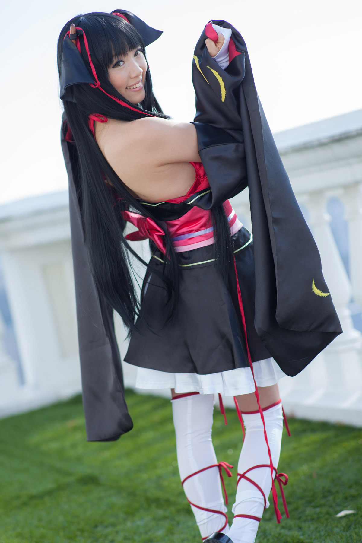 asian bare_shoulders black_hair breasts cosplay dress female long_hair shoes socks solo