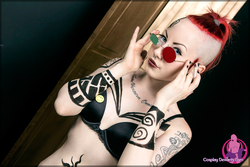 breasts cosplay female glasses long_hair porphyria red_hair solo tattoo watermark