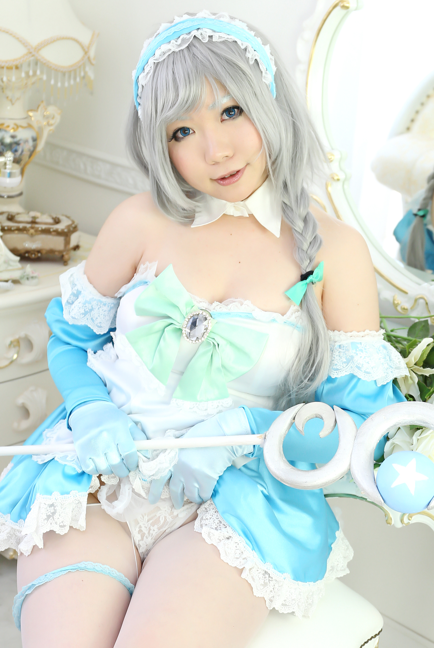 asian breasts cosplay dress female gloves gray_hair high_heels long_hair shoes solo thighhighs