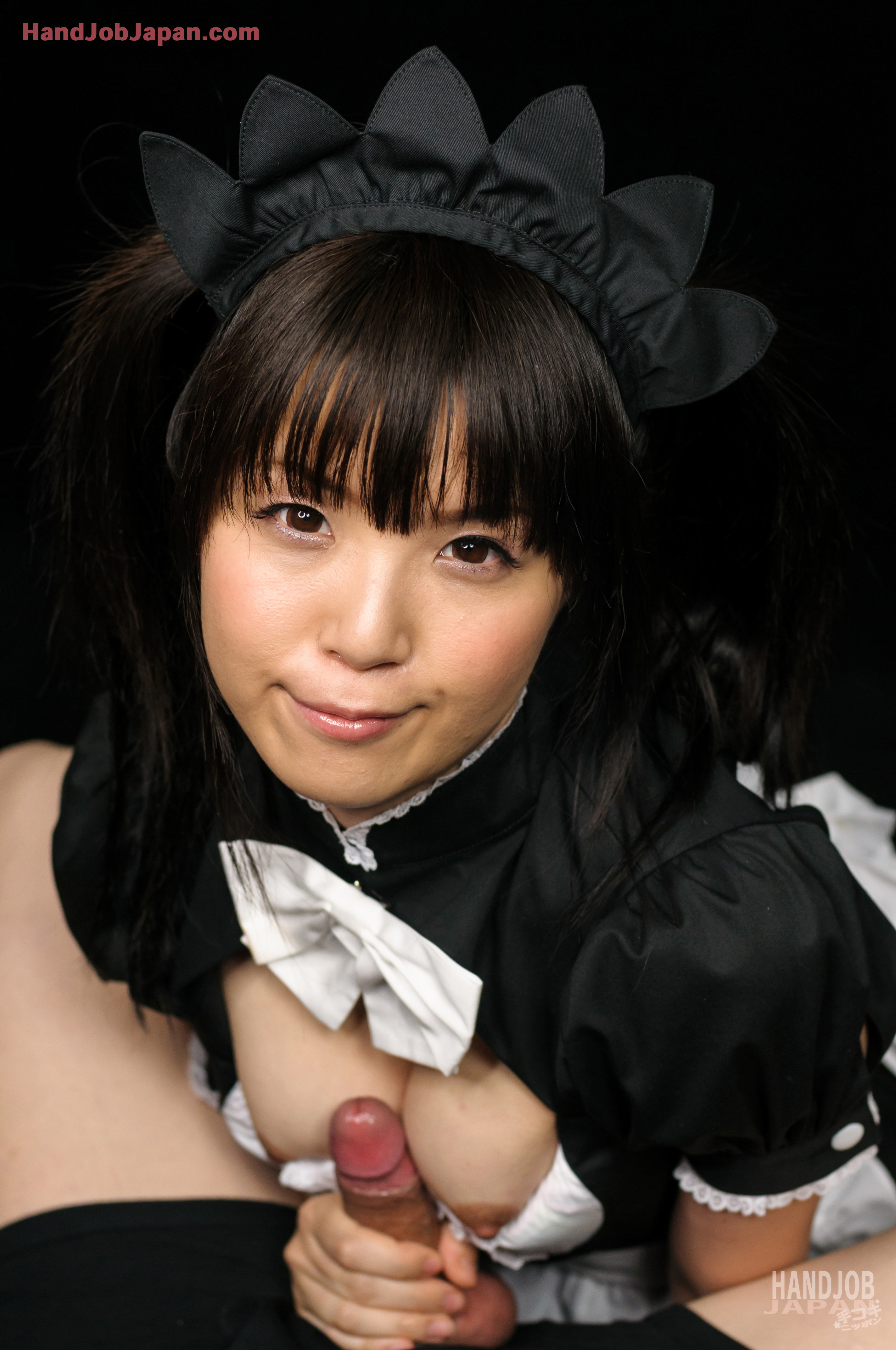 asian black_hair breasts dress long_hair maid pigtails sakura_sena simple_background watermark