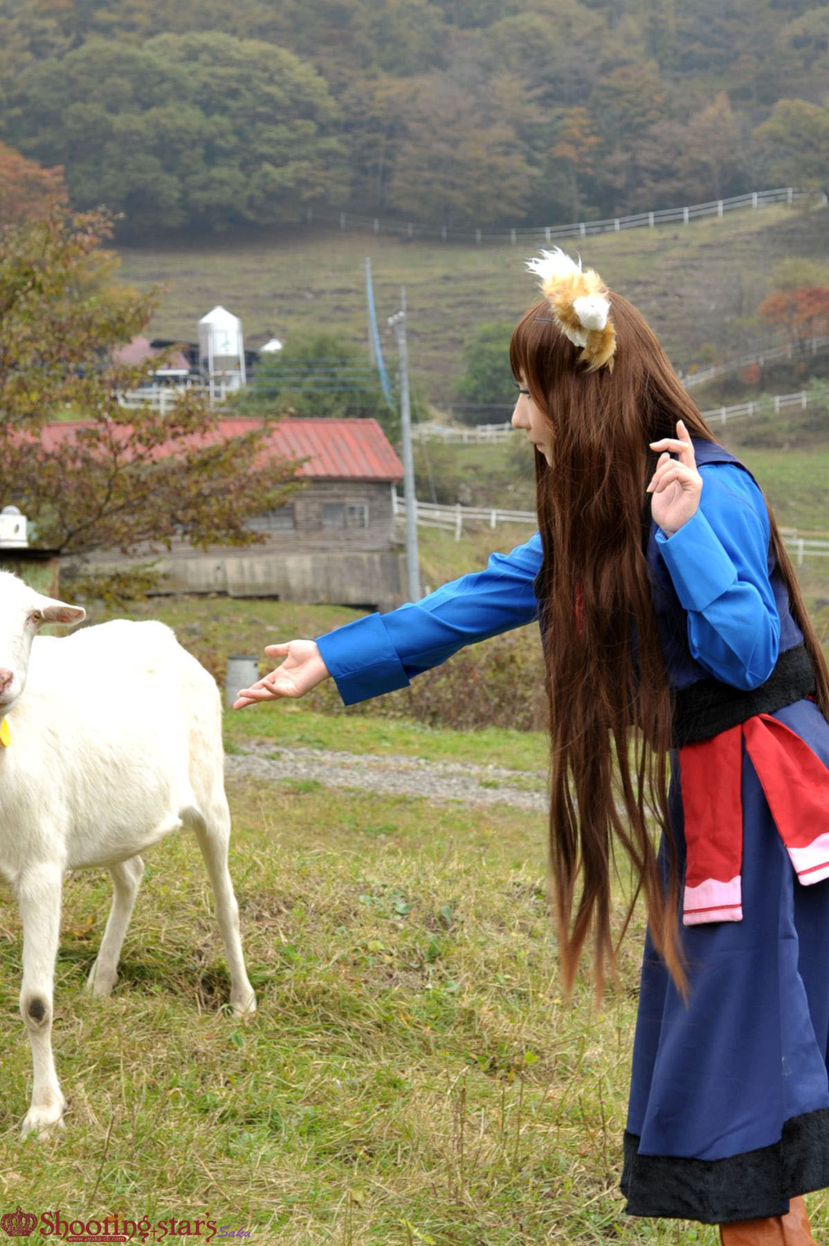 animal_ears asian breasts brown_hair cosplay female long_hair shooting_star solo watermark