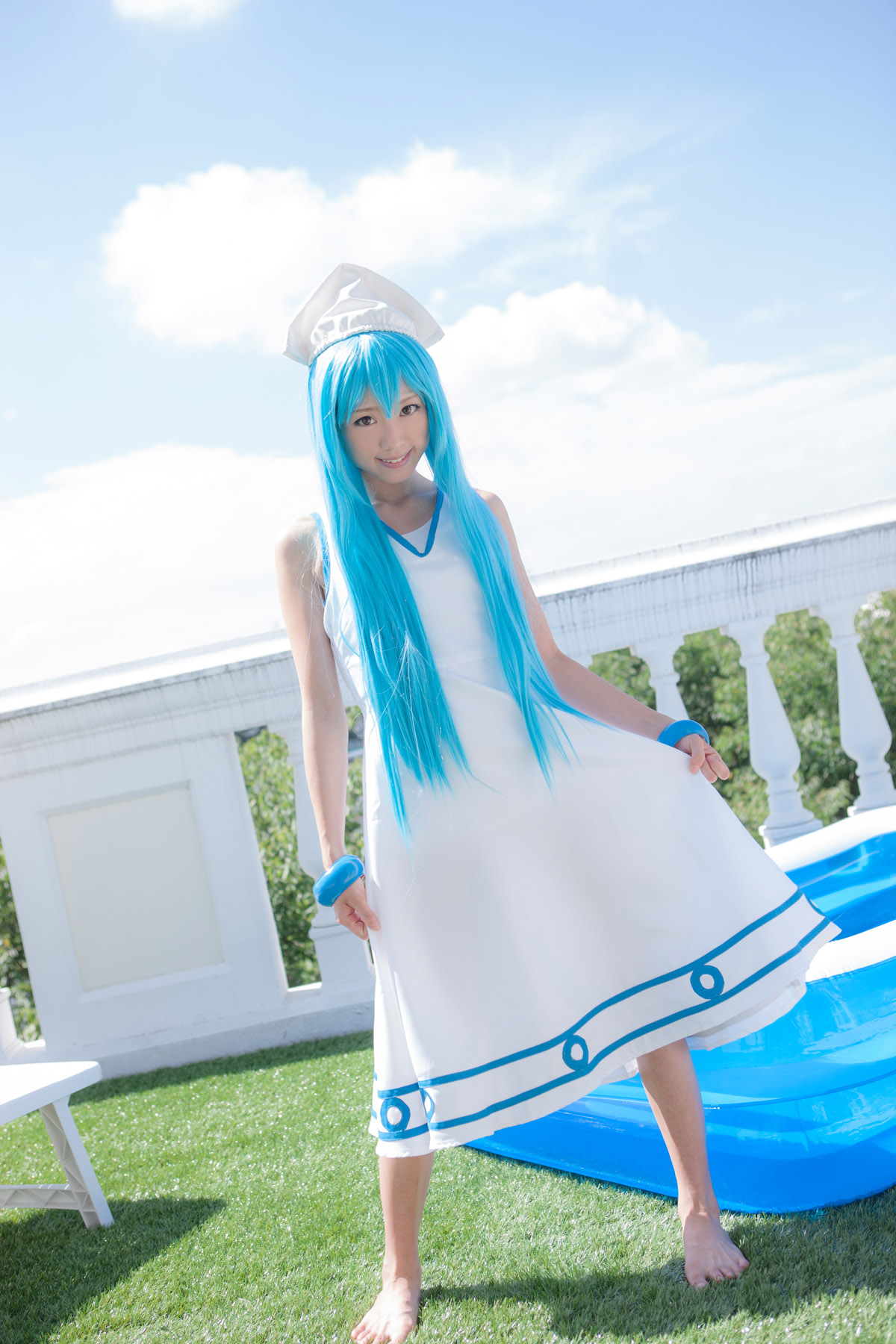 asian blue_hair breasts cosplay dress female hat long_hair outside smile solo