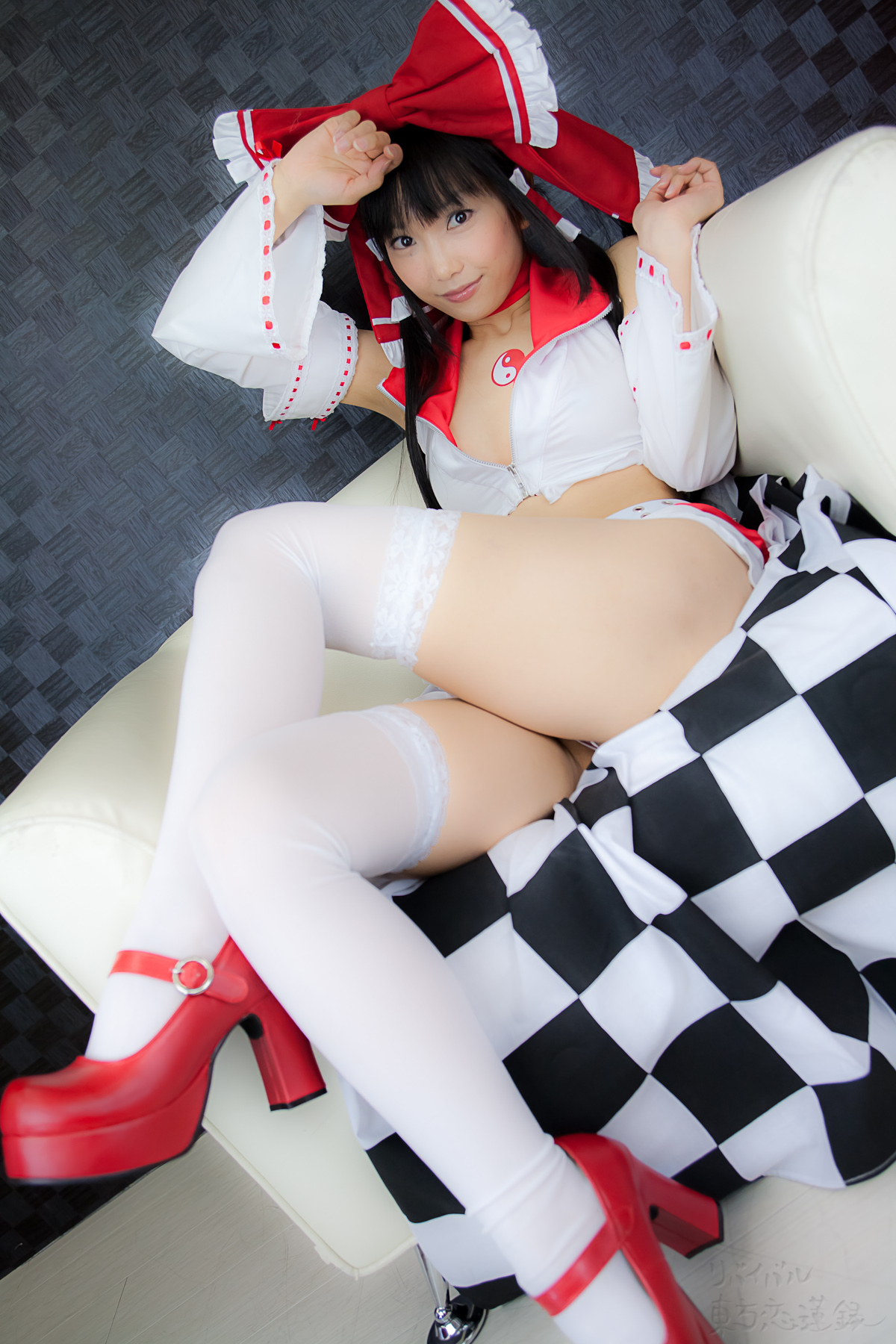 asian belt black_hair breasts cosplay female high_heels long_hair midriff shoes solo thighhighs