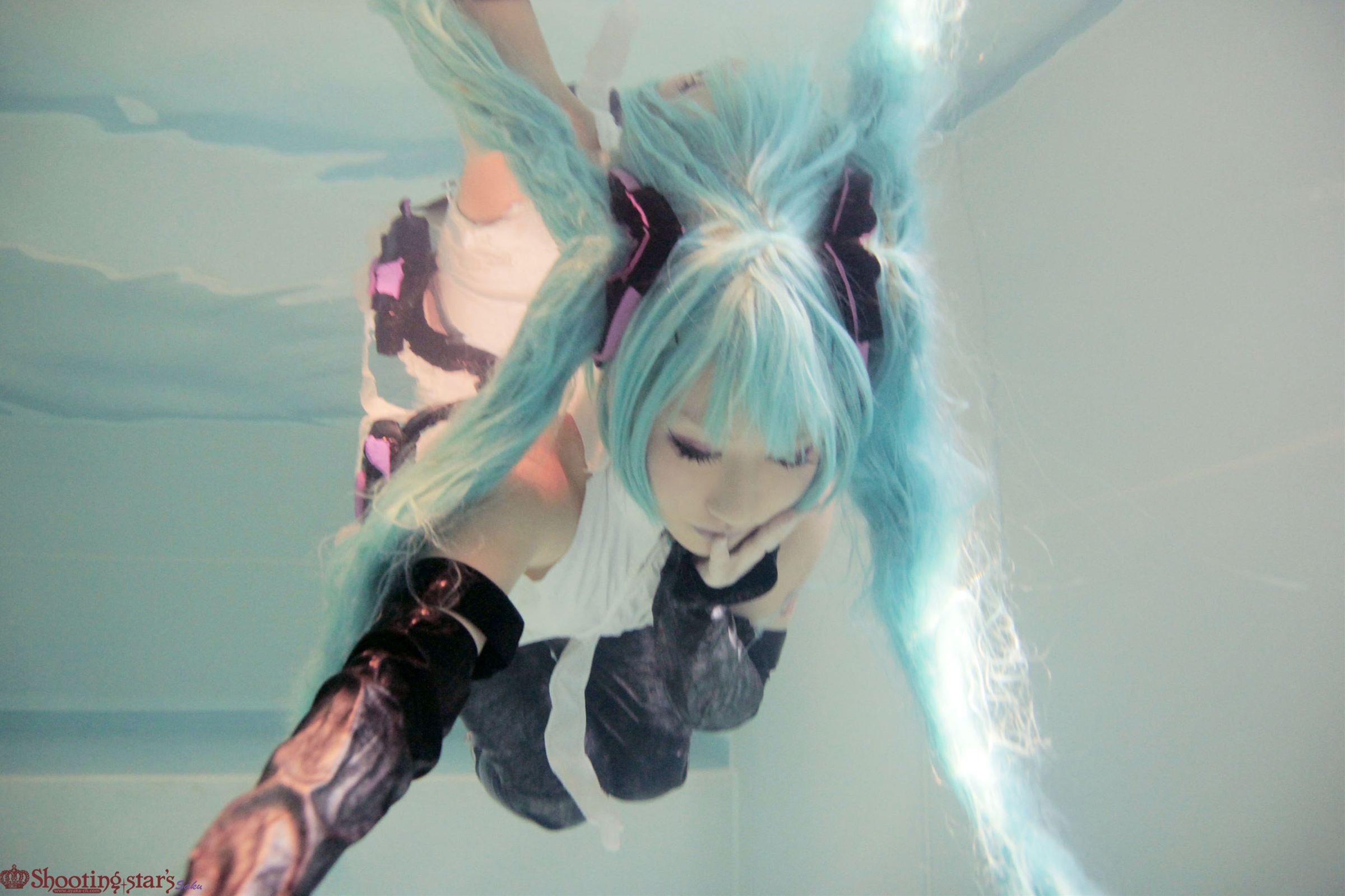 aqua_hair asian breasts elbow_gloves female gloves large_breasts long_hair pigtails shooting_star solo watermark