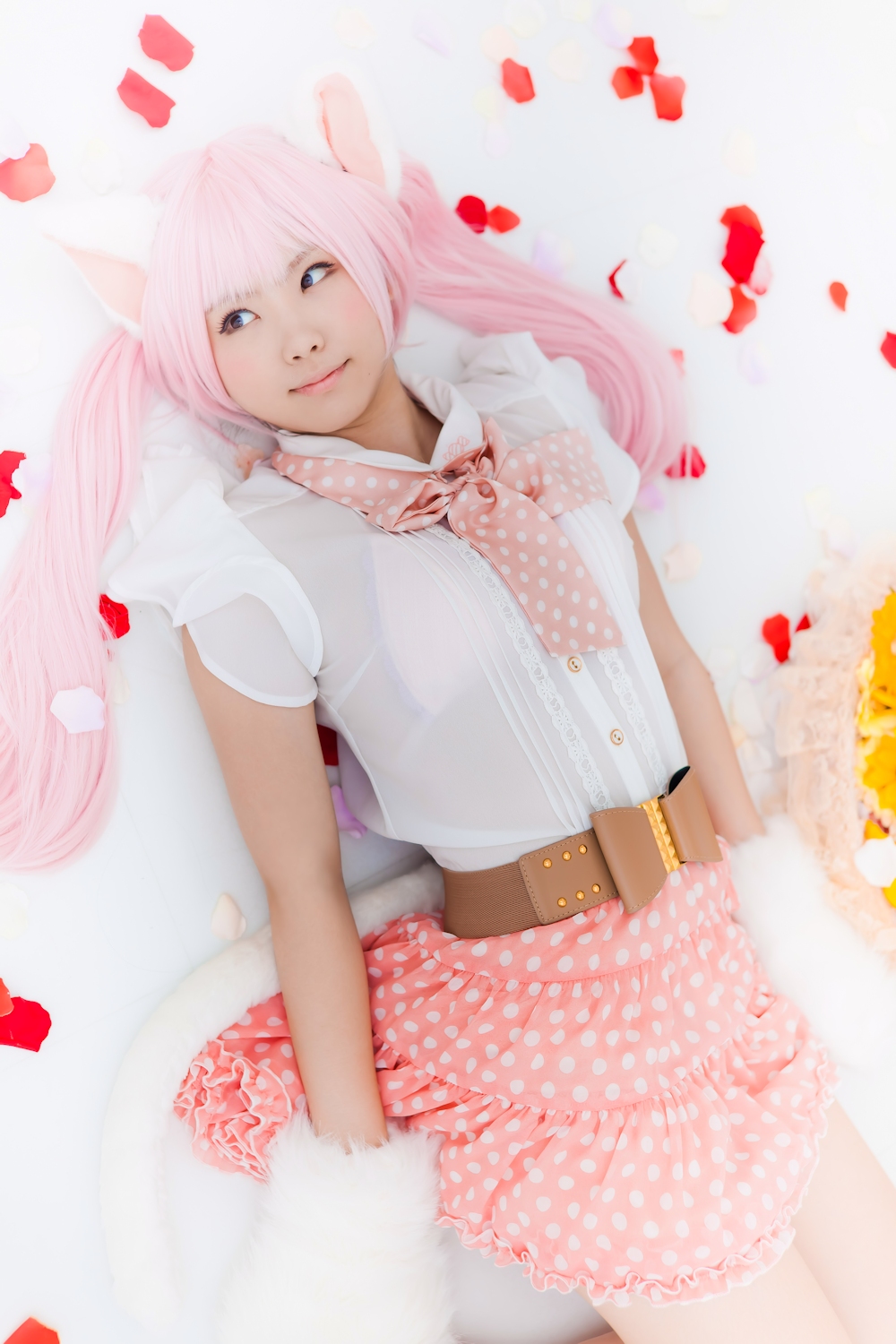 animal_ears asian breasts cosplay enako female long_hair pink_hair solo