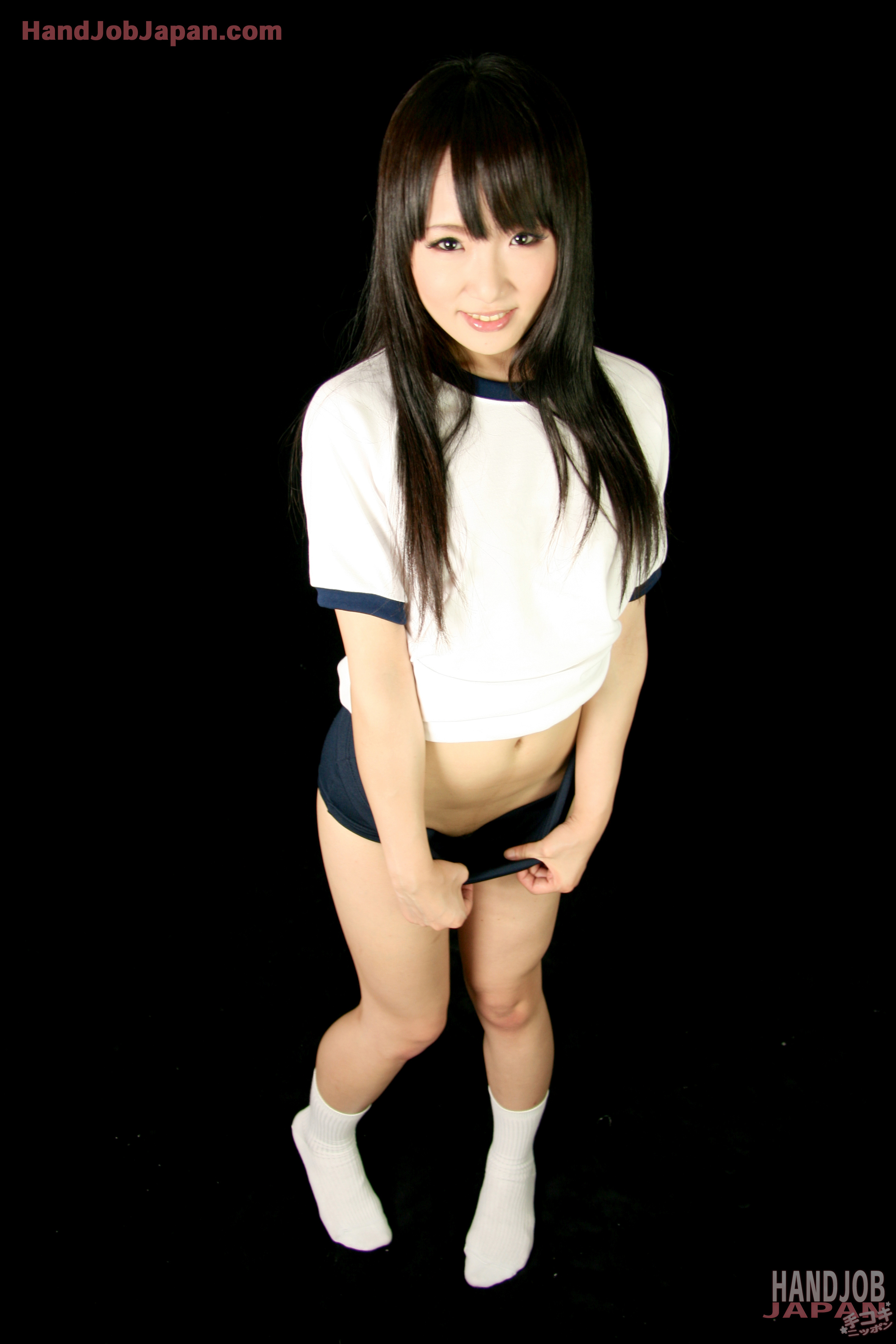 asian black_hair breasts female long_hair mizushima_ai simple_background socks solo watermark