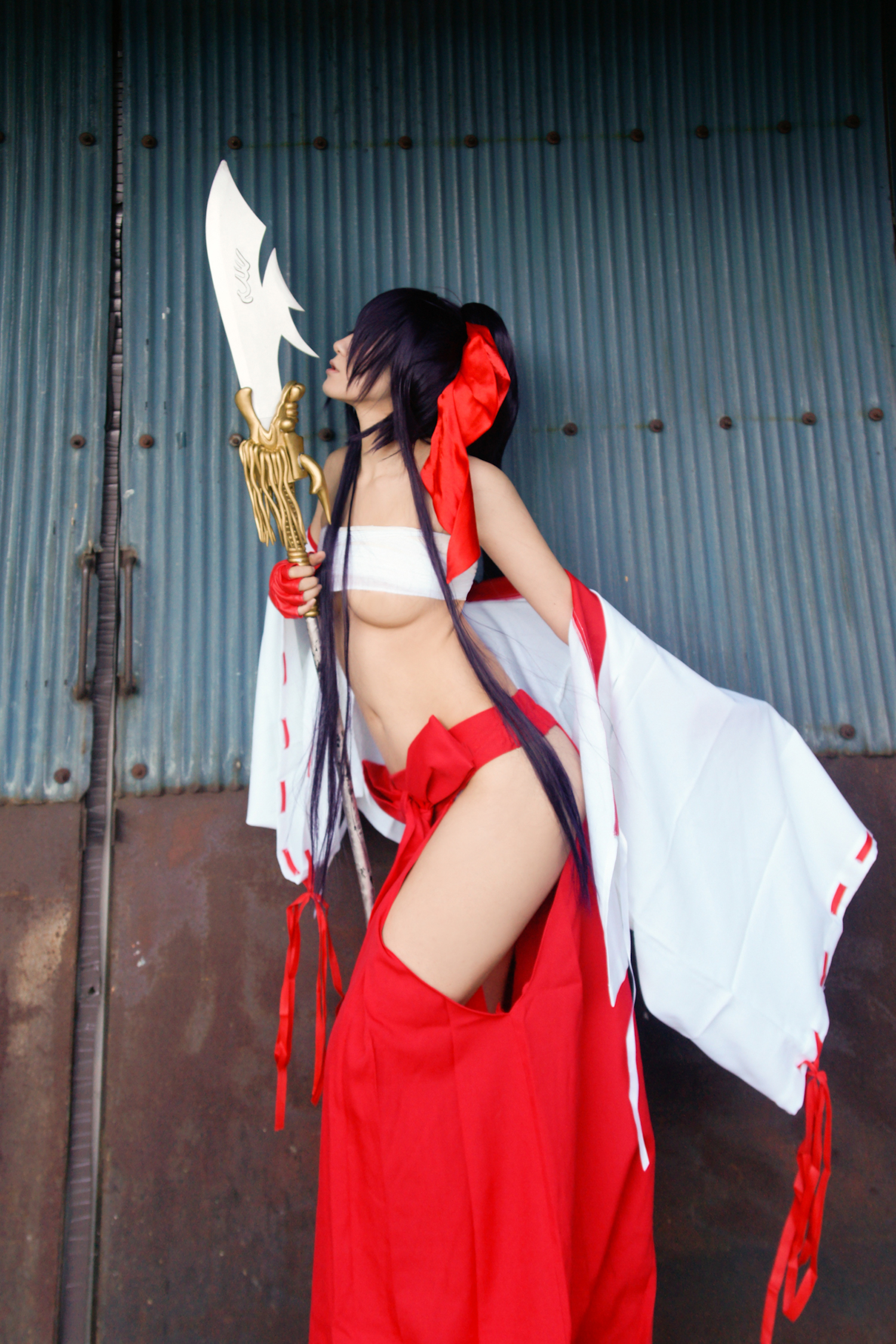 asian bare_shoulders black_hair breasts cosplay female large_breasts long_hair midriff navel solo spear underboob weapon