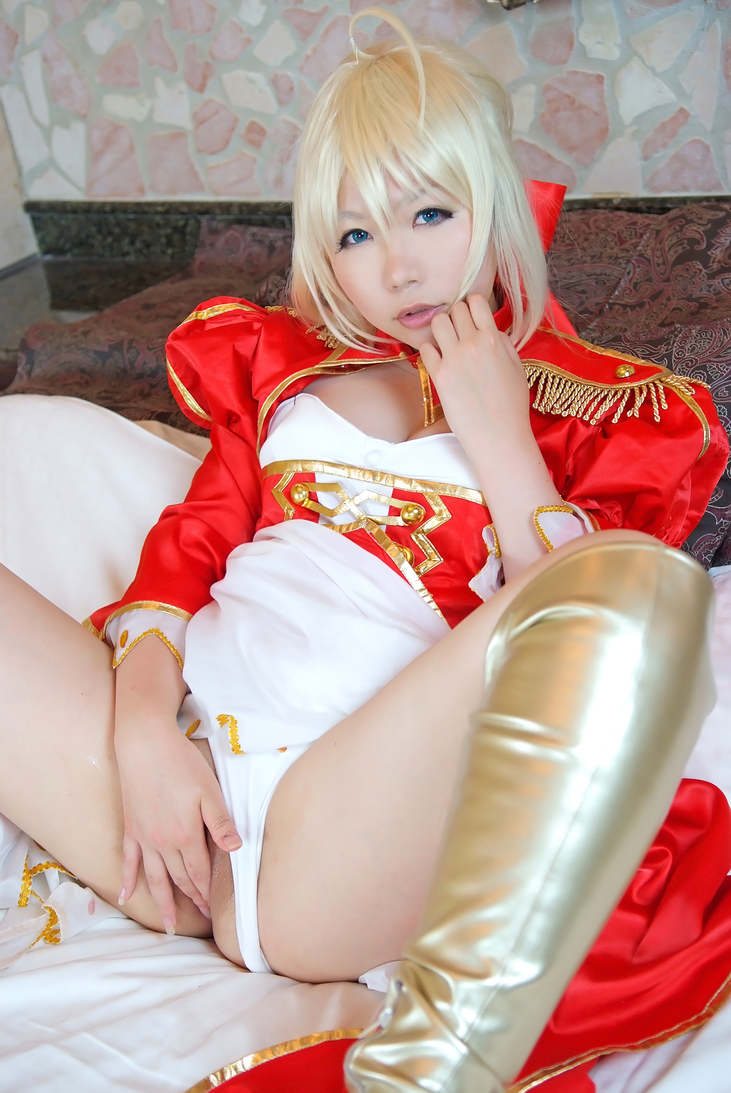 asian bed blonde_hair boots breasts censored cosplay dress female fingering high_heels long_hair lying masturbation panties pussy solo