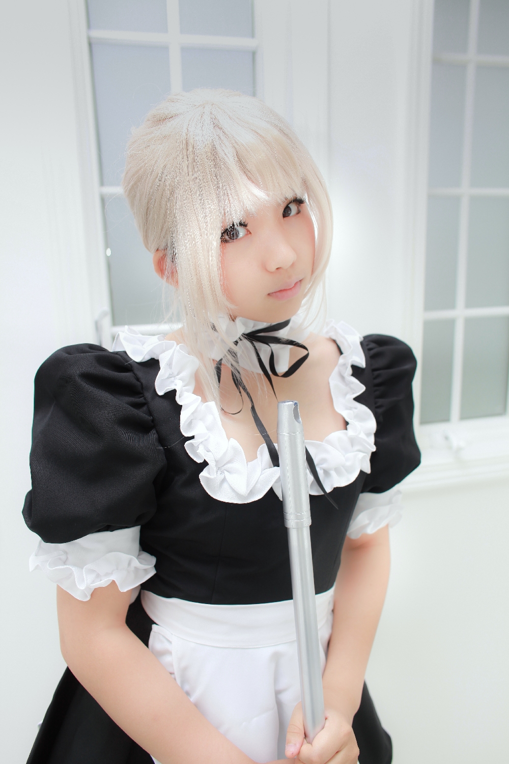 asian breasts cosplay dress enako female long_hair maid shoes solo white_hair