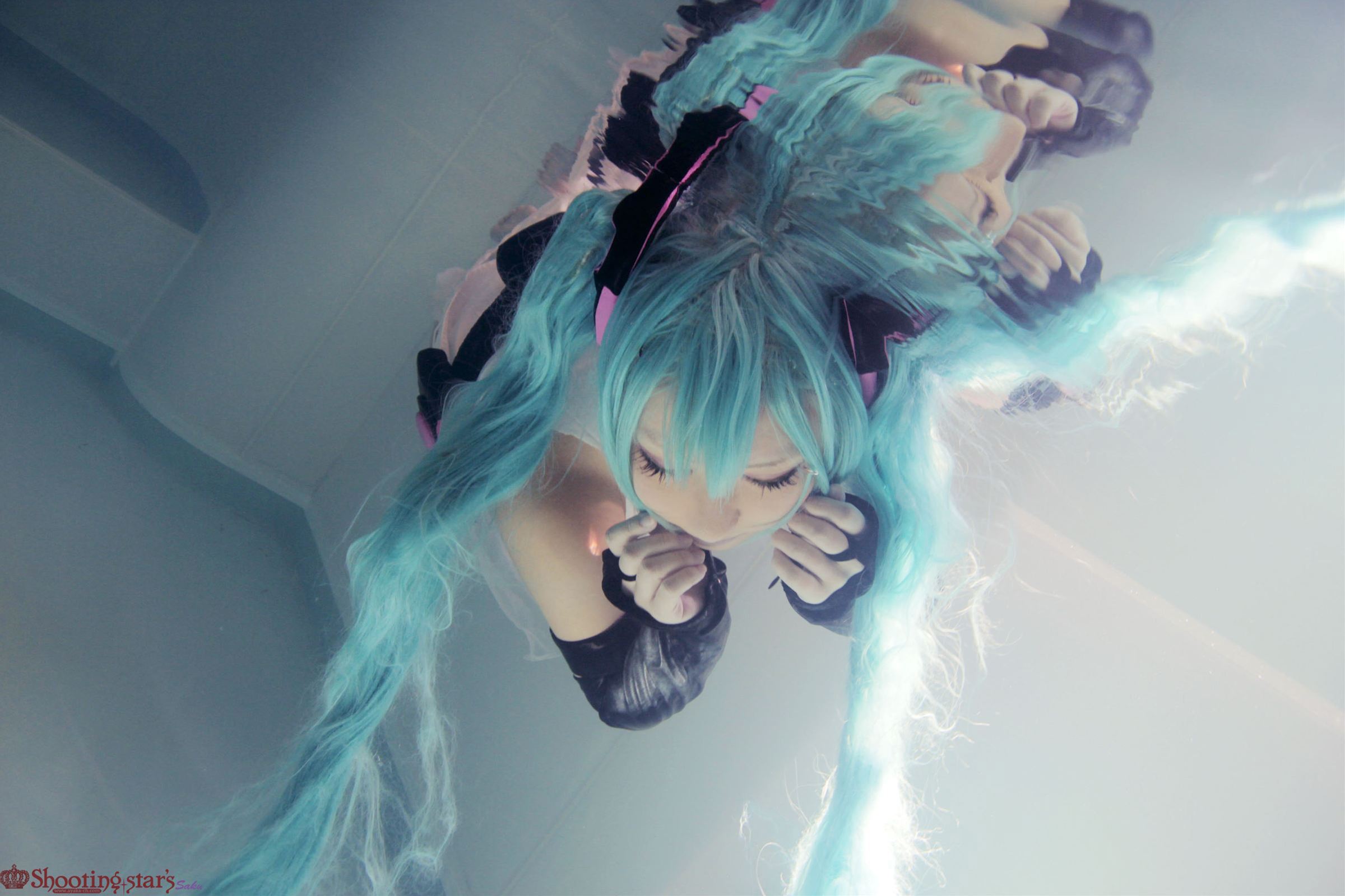 aqua_hair asian breasts cosplay elbow_gloves female gloves long_hair pigtails shooting_star solo watermark