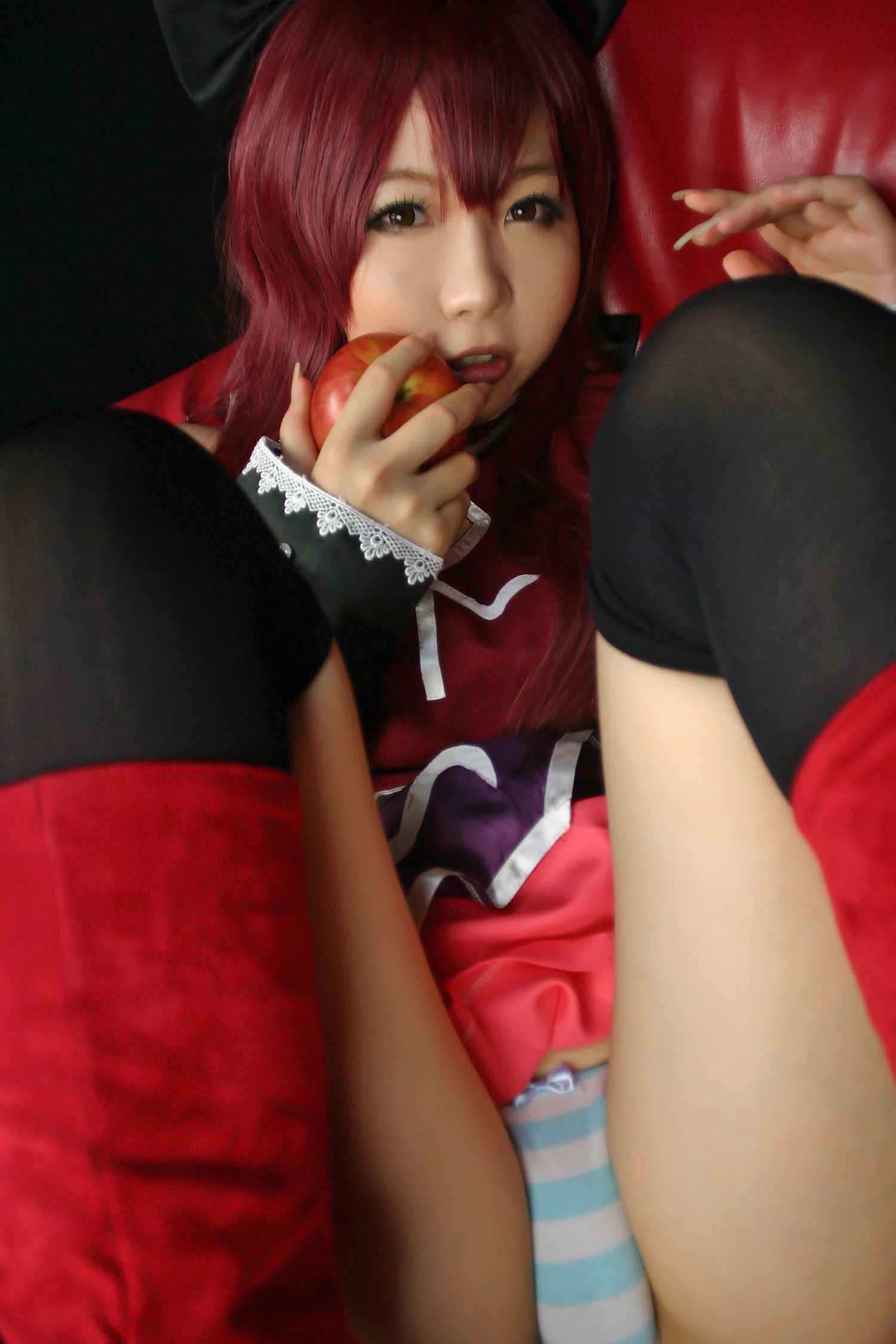 asian breasts cosplay female higurashi_rin long_hair red_hair solo watermark