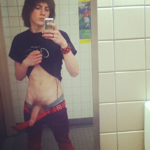 bathroom black_hair emo gay human long_penis male pants_pull penis photo public self_shot shirt_lift