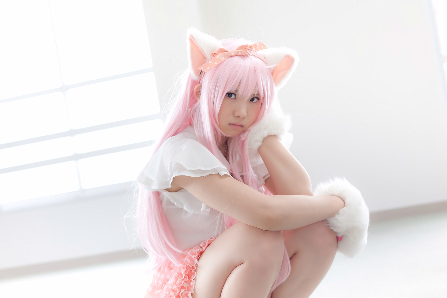 animal_ears asian breasts cosplay enako female long_hair pink_hair solo