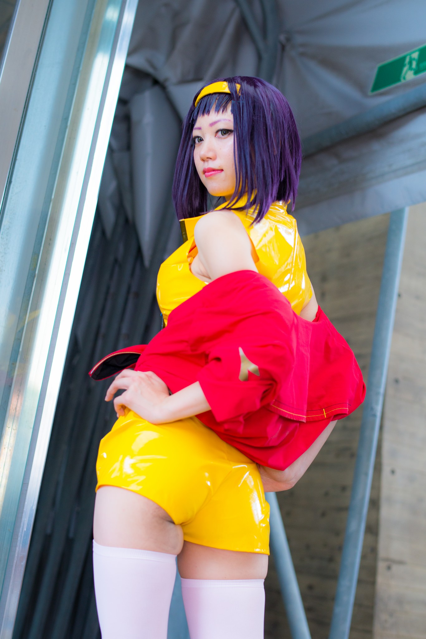 asian ass breasts cosplay female latex long_hair looking_back purple_hair solo