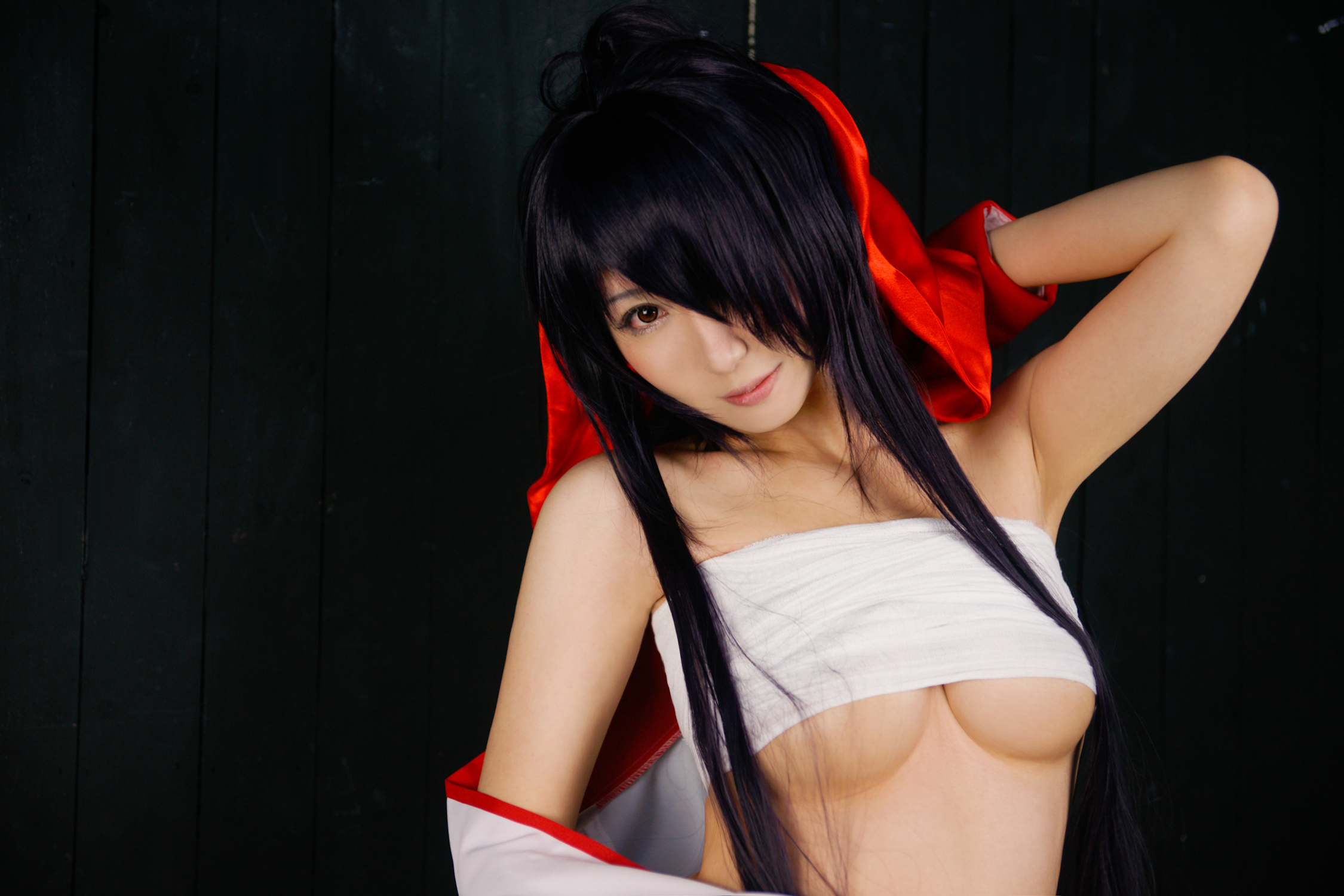 asian bare_shoulders black_hair breasts cosplay female large_breasts long_hair midriff navel solo spear underboob weapon