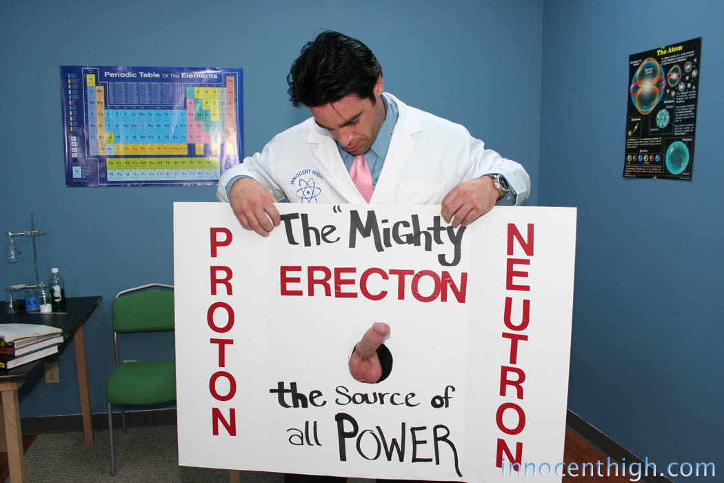 1boy black_hair clothed erection labcoat male_focus male_only neutron penis penis_out physics poster proton science short_hair sign solo standing table testicles text wristwatch