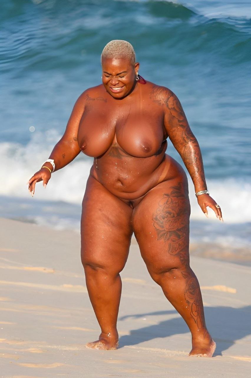 bbw beach big_belly black_female brasil brazilian fake jojo_todynho large_breasts naked nude photoshop shaved_head thick_thighs walking wide_hips