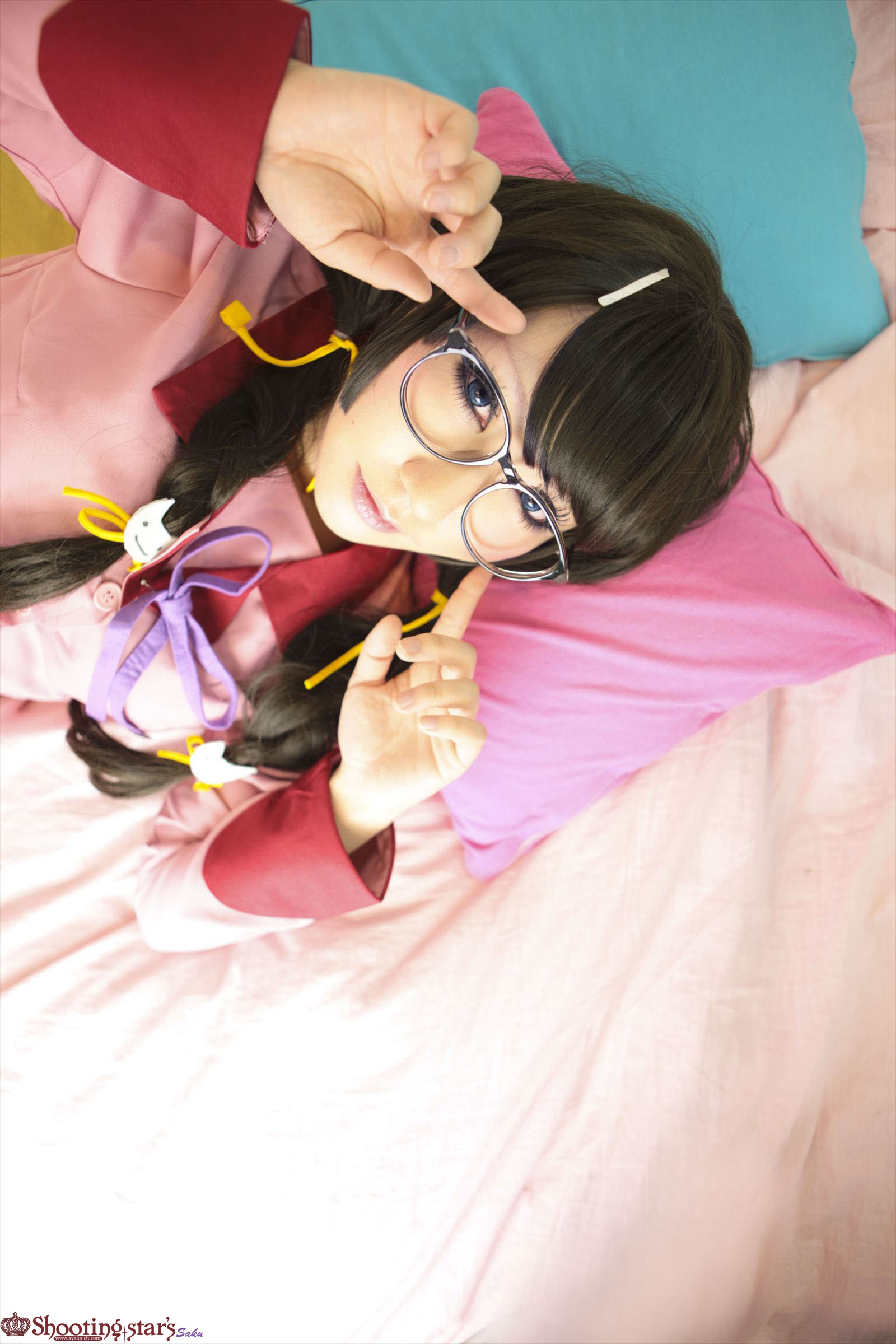 asian black_hair breasts cosplay female glasses high_heels kneehighs long_hair shoes shooting_star skirt solo watermark