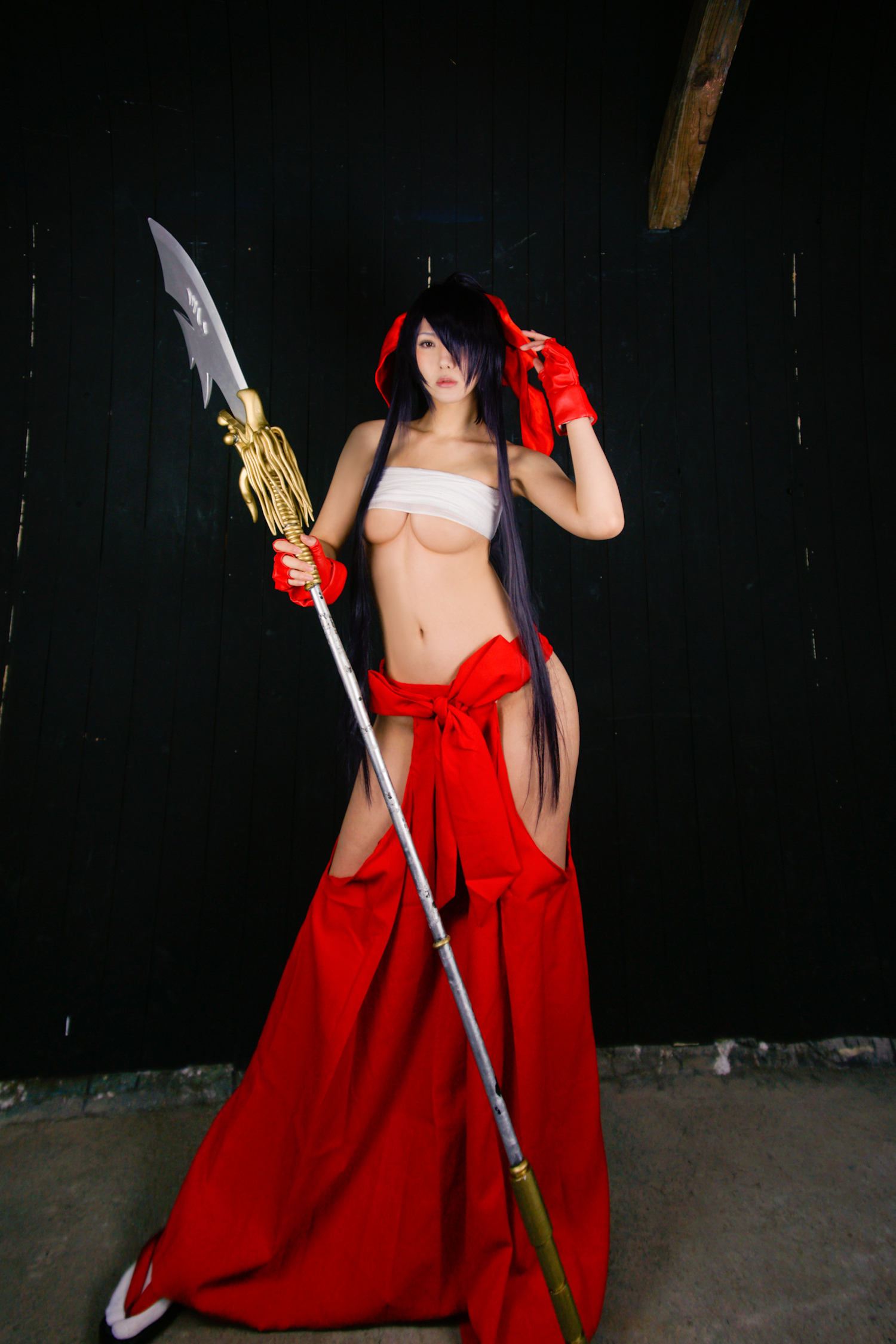 asian breasts cleavage cosplay female gloves long_hair midriff navel purple_hair solo spear underboob weapon