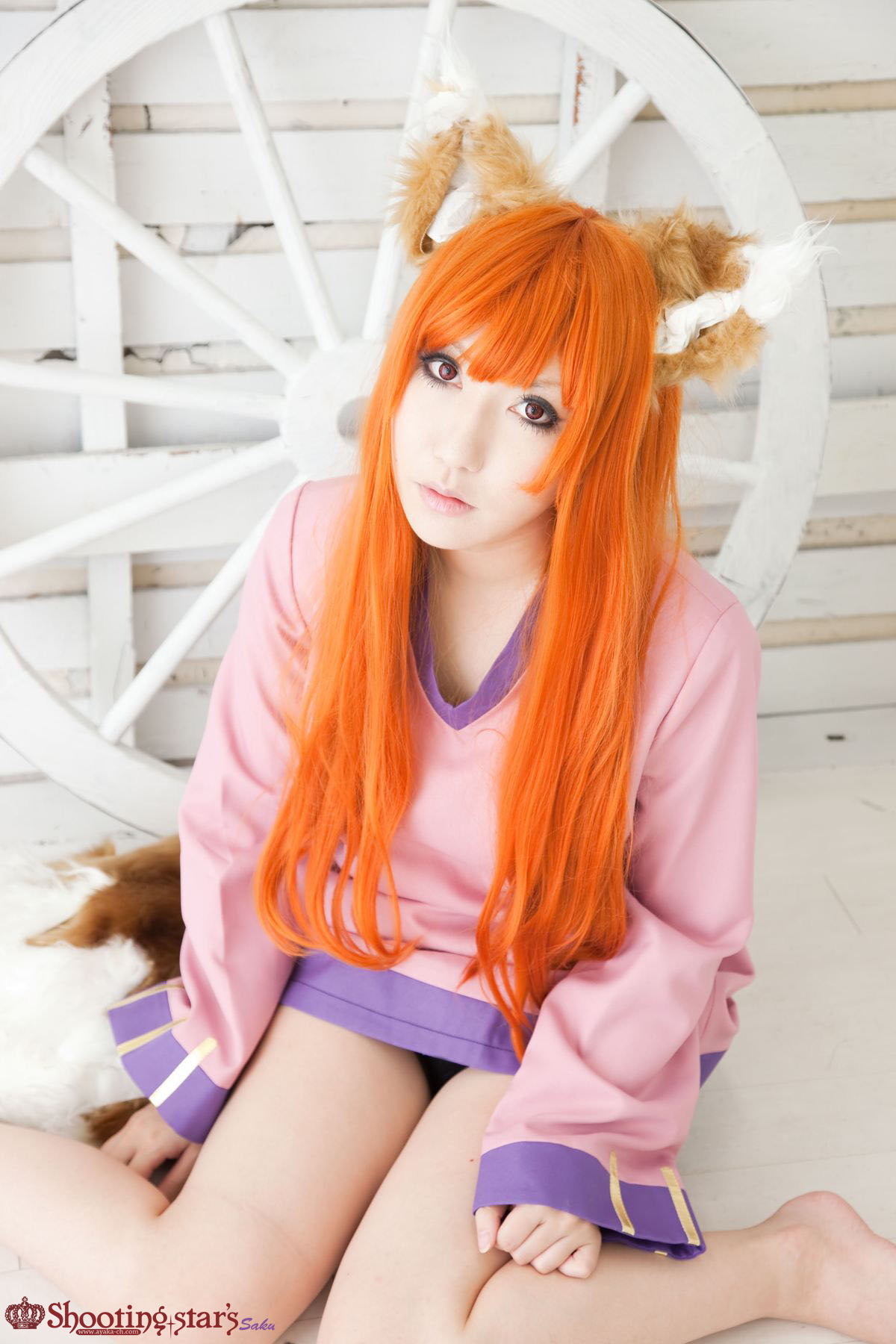 animal_ears asian breasts cosplay female long_hair orange_hair shooting_star solo watermark