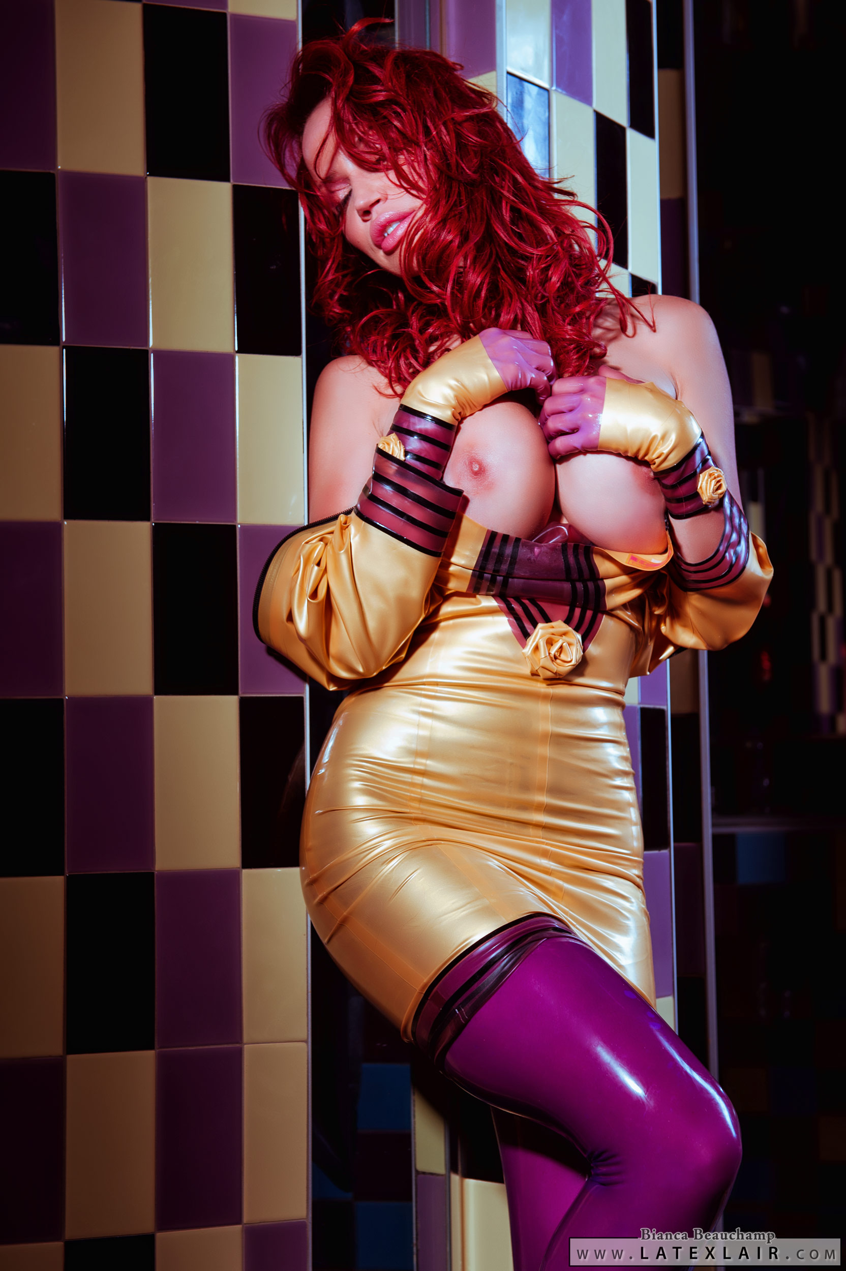 bianca_beauchamp breasts dress erect_nipples female gloves high_heels large_breasts latex lipstick makeup nipples shoes solo topless watermark