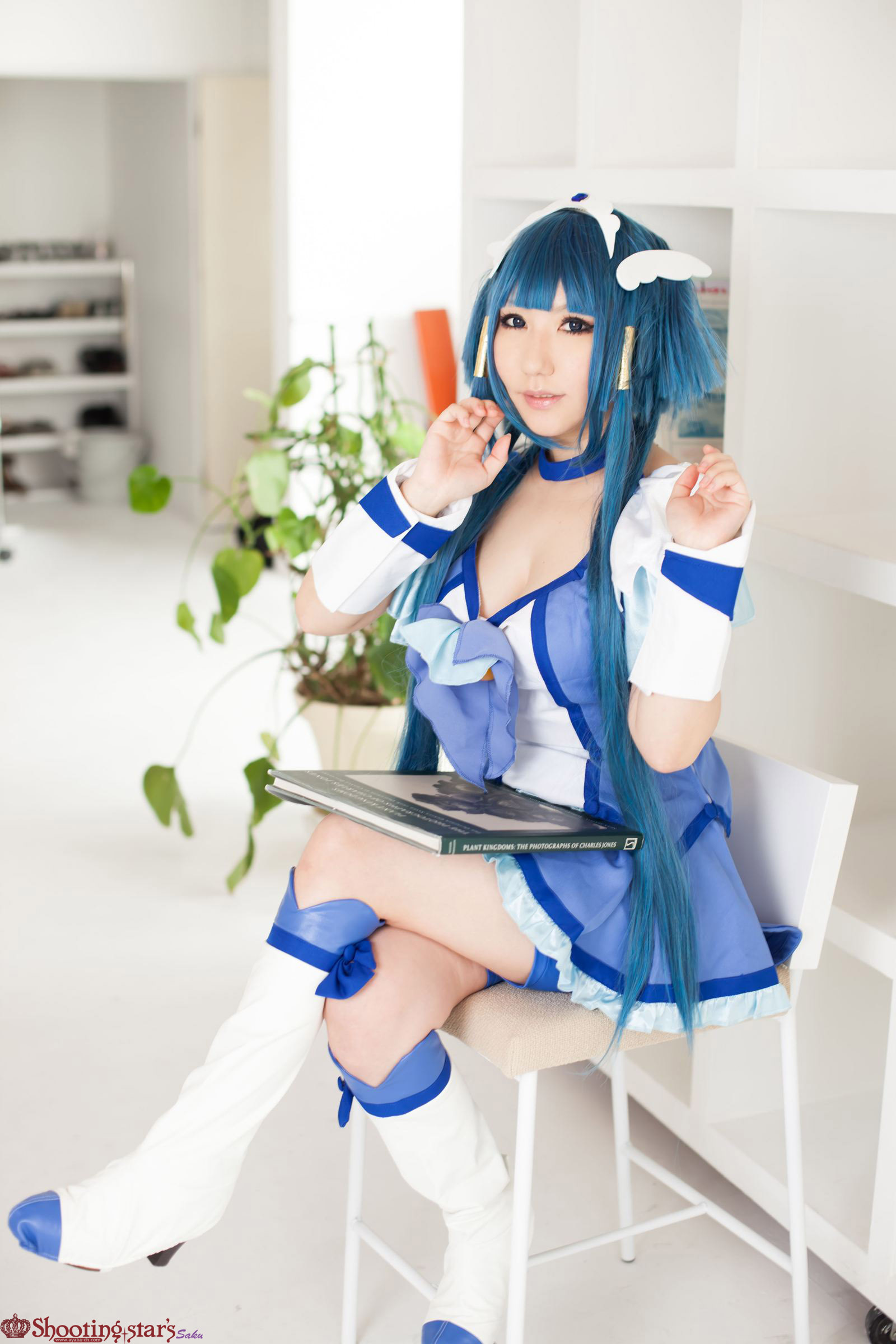 asian blue_hair boots breasts cleavage cosplay dress female high_heels long_hair shooting_star solo watermark