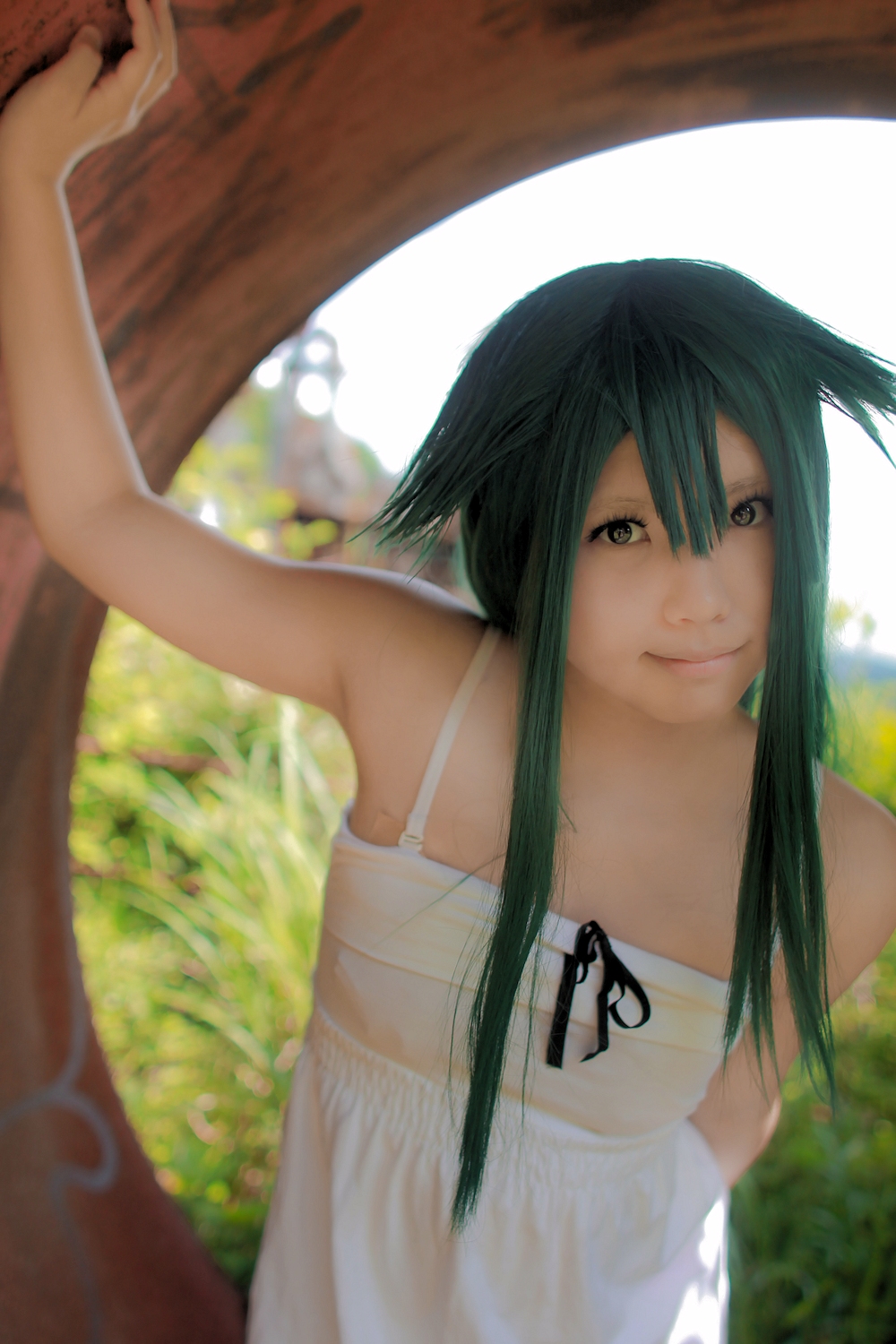 asian breasts cosplay dress enako female green_hair long_hair smile solo