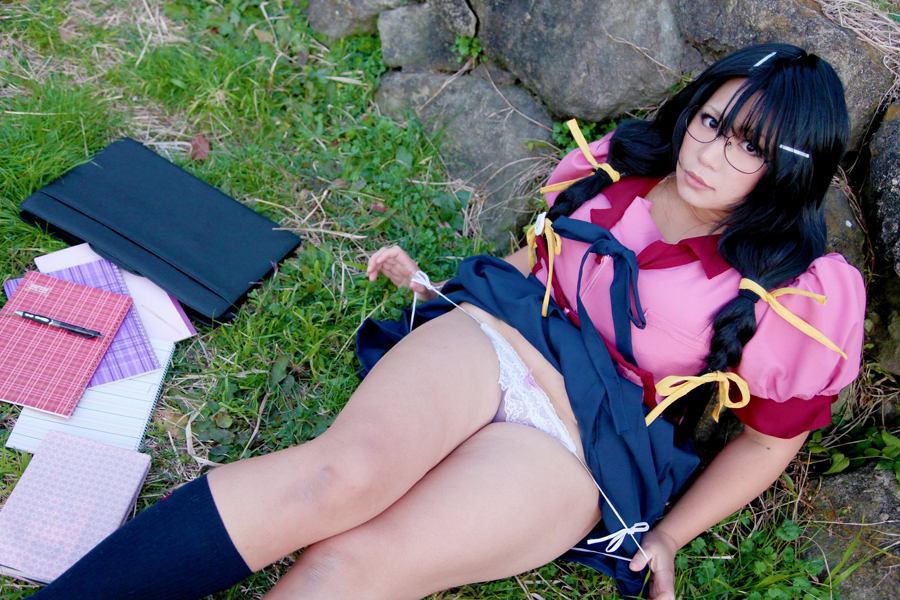 asian black_hair breasts chouzuki_maryou cosplay female glasses huge_breasts long_hair outside panties shoes skirt socks solo