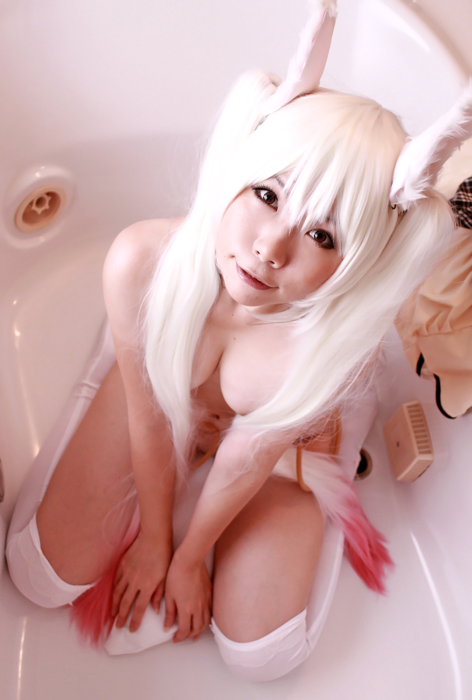 animal_ears asian breasts cosplay female long_hair navel nude pussy socks solo twintails white_hair
