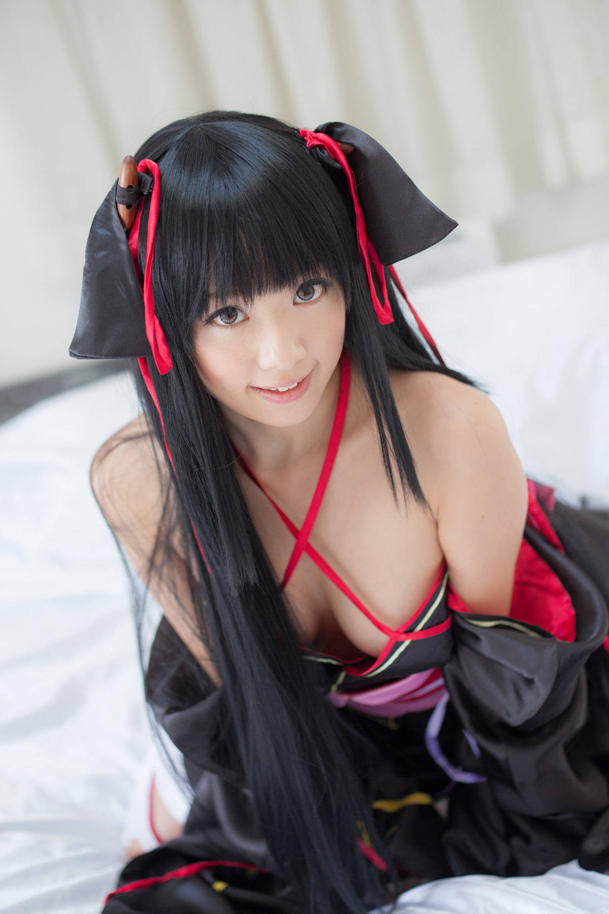 asian bare_shoulders black_hair breasts cosplay dress female long_hair shoes socks solo